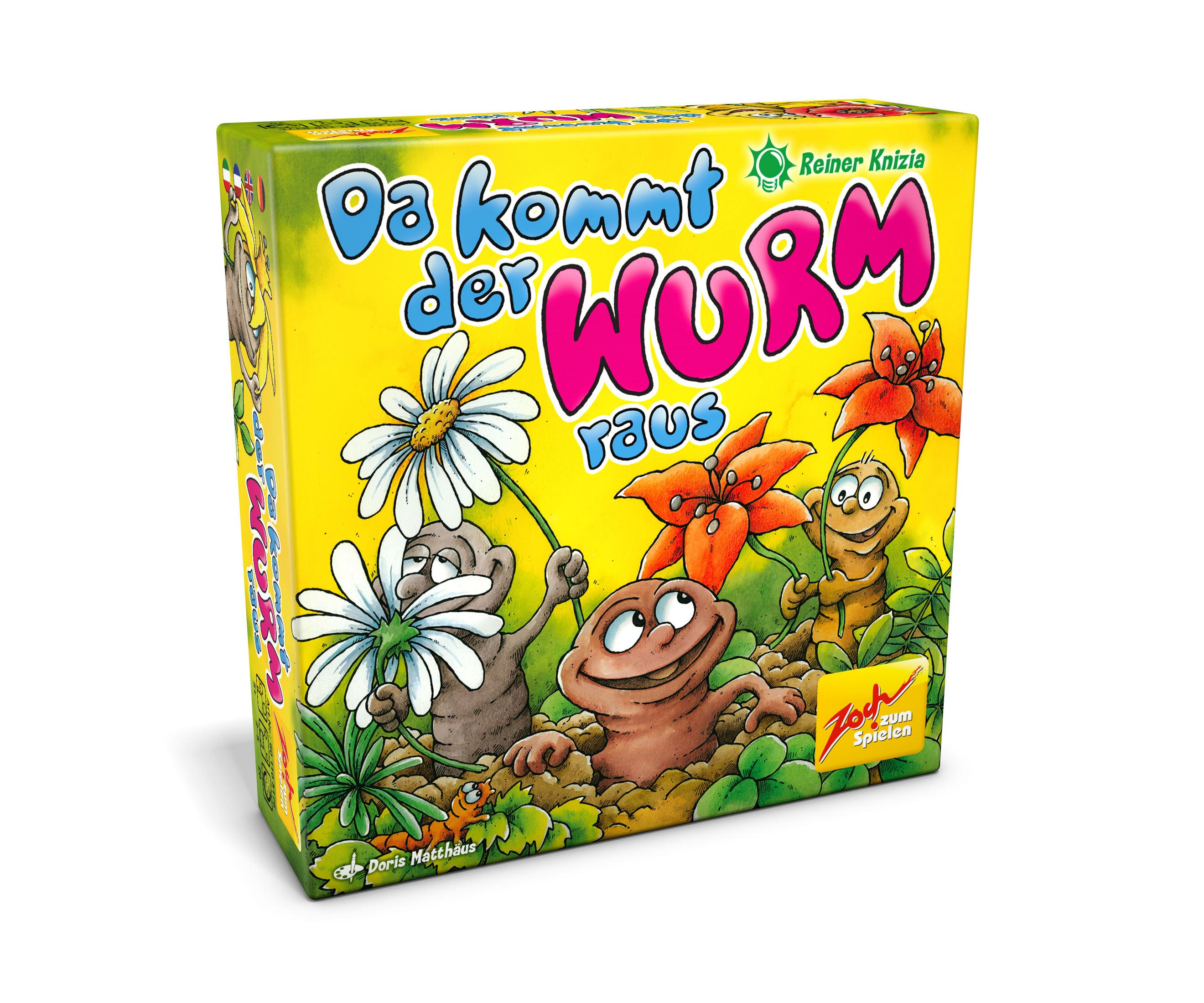 Schachtel eines Brettspiels 'Da kommt der Wurm raus' mit Zeichentrickfiguren.