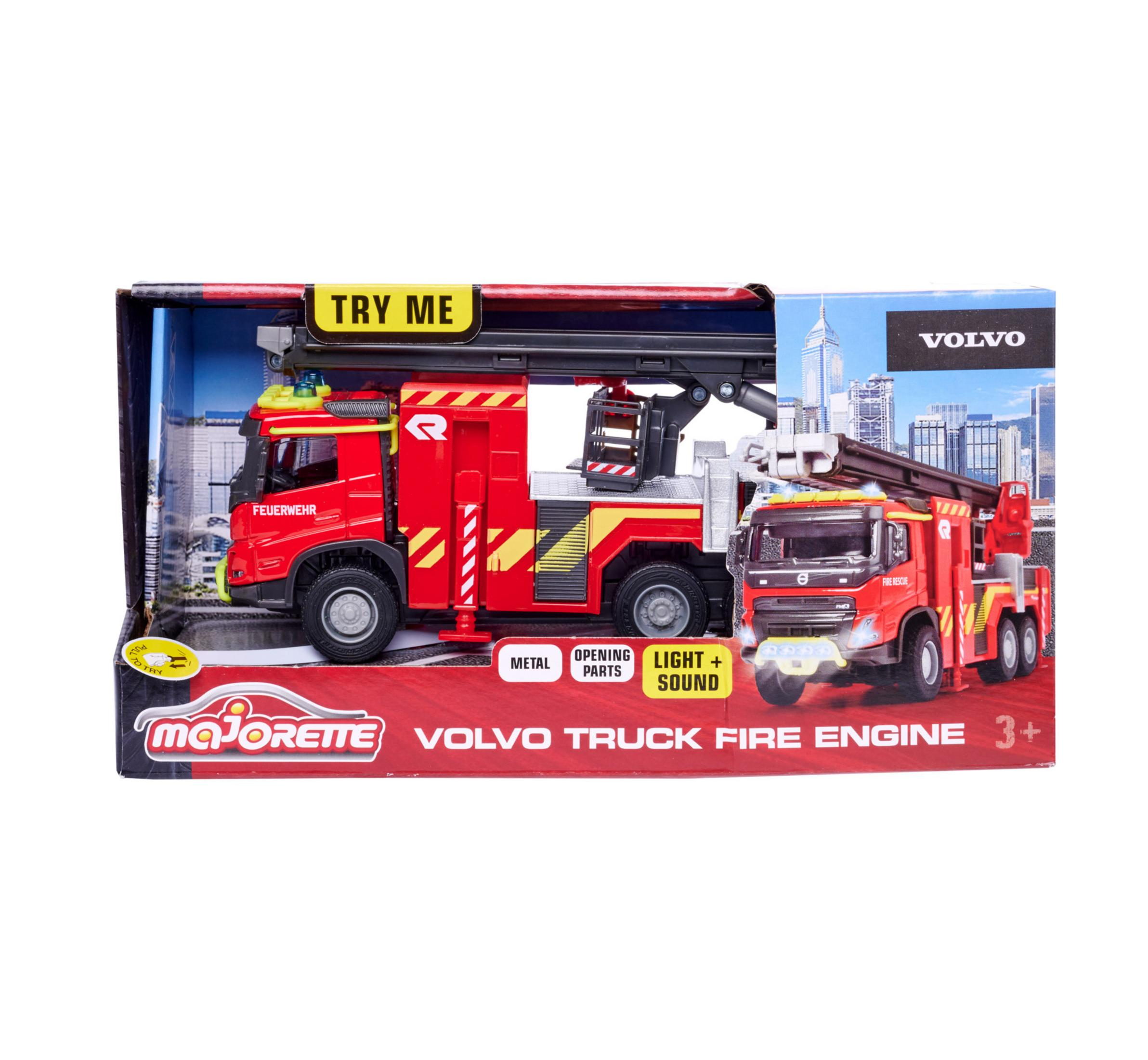 Czerwona zabawka wóz strażacki z drabiną. Mniejsza wersja również jest obecna.