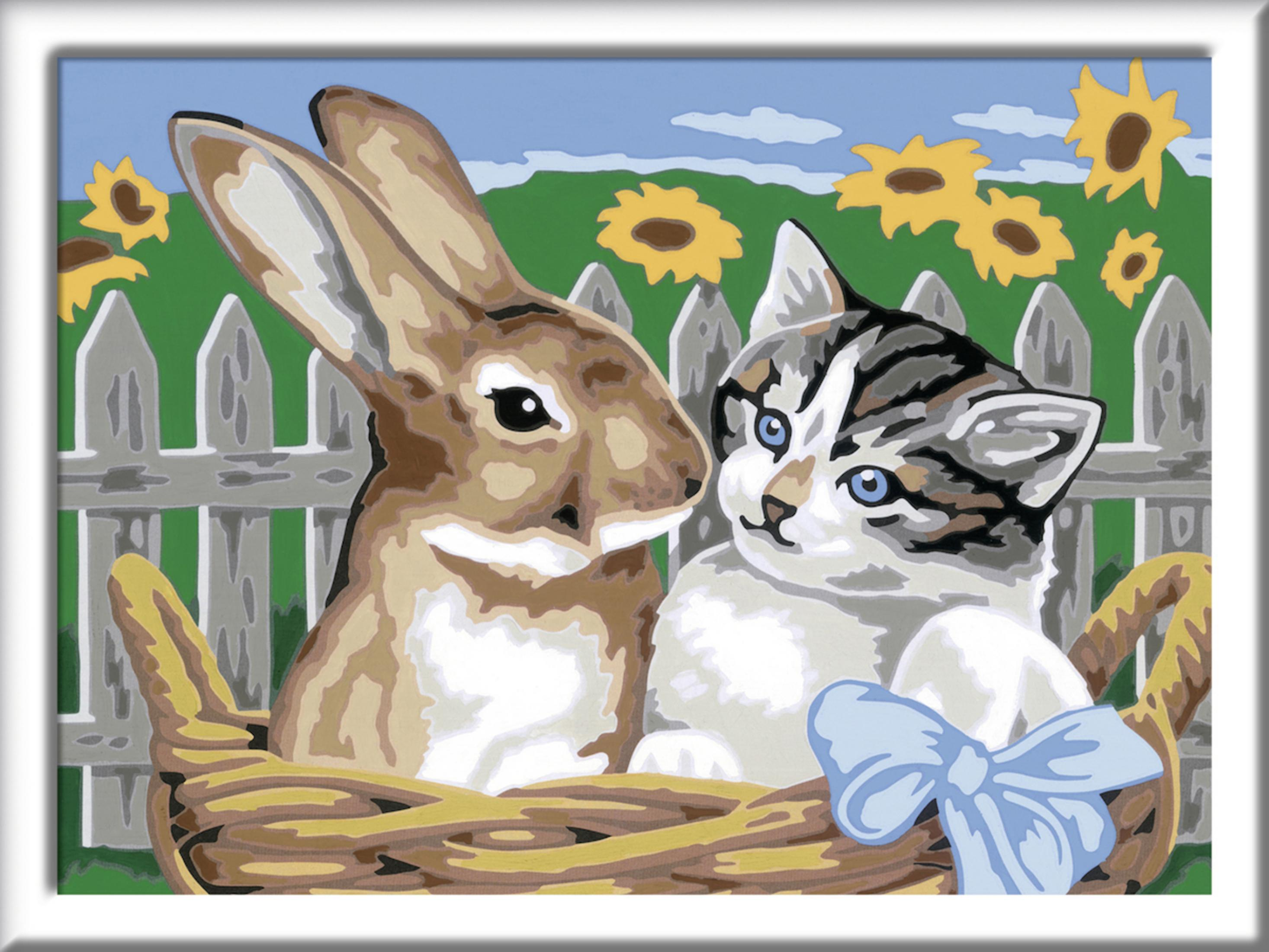 Gemälde: Hase und Kätzchen in Korb, umgeben von Sonnenblumen.