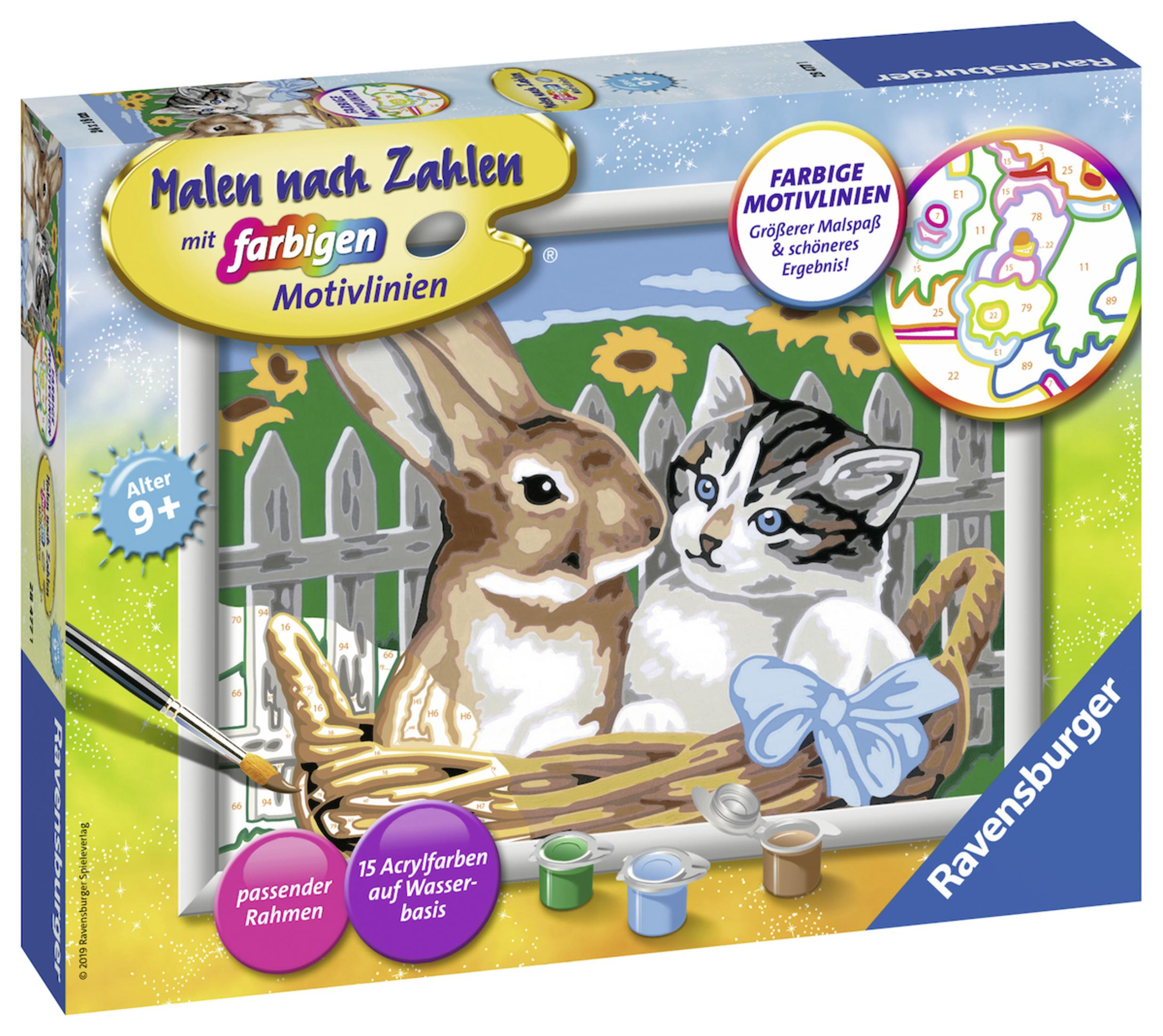 Ein Malen-nach-Zahlen-Set mit einem Hasen und einem Kätzchen auf der Box, Farbtöpfen und einem Pinsel.