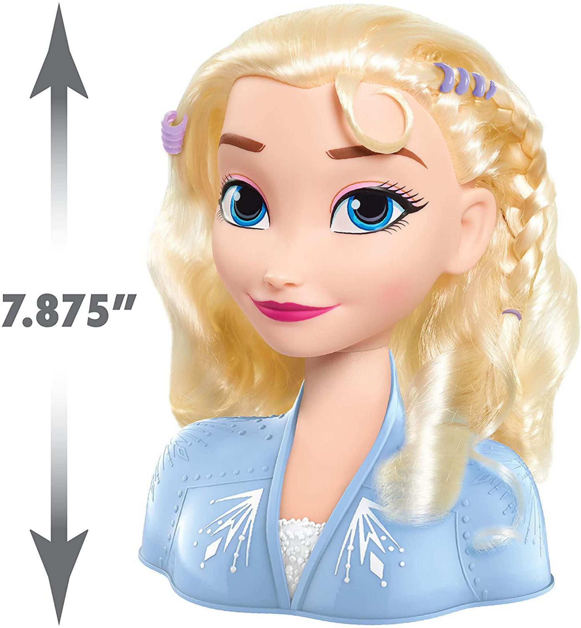 Una testa di bambola di Elsa di Frozen, con capelli biondi, occhi blu e un vestito blu. 7,875 pollici.