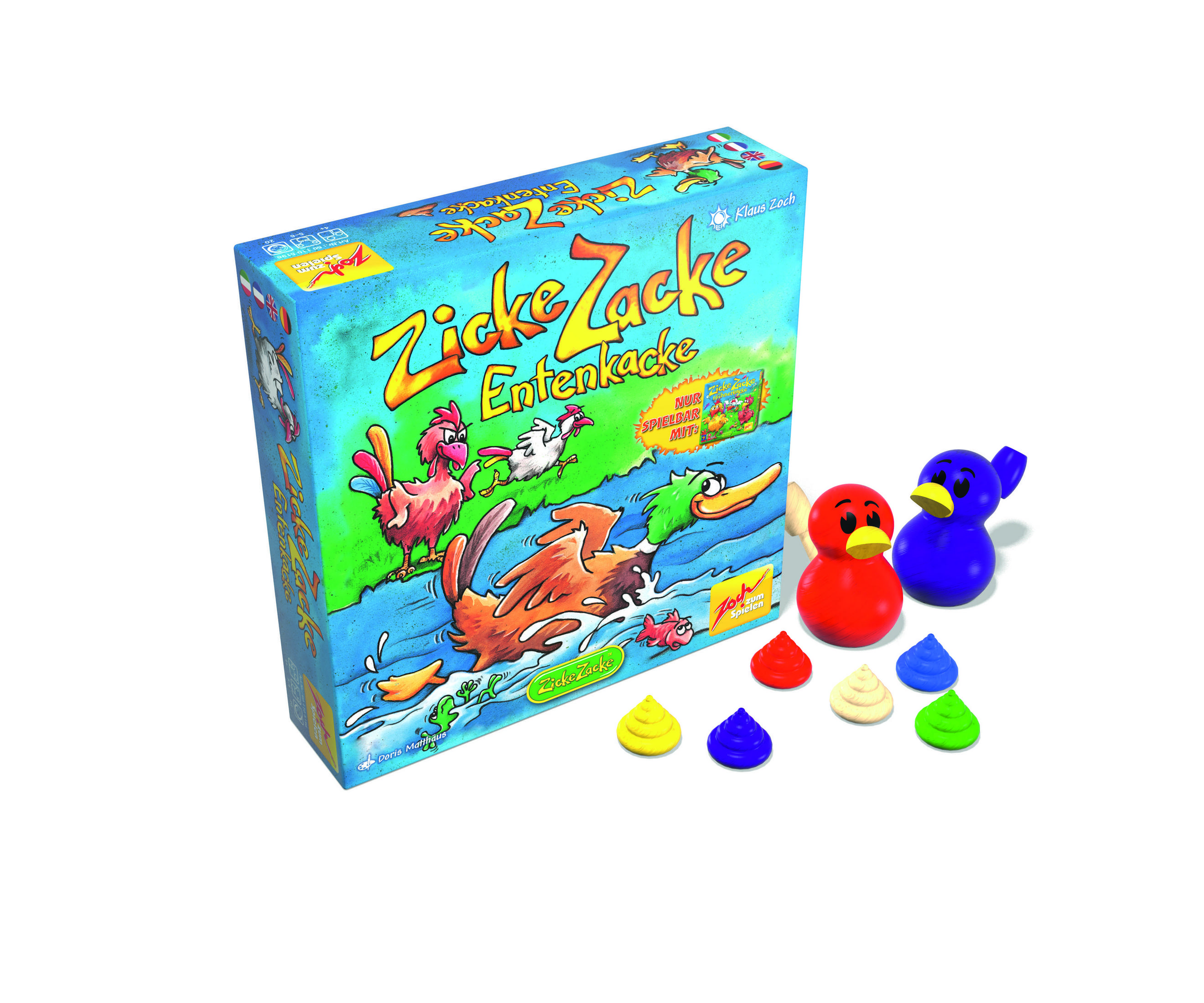 Eine Brettspielbox mit Enten und Kacke auf dem Tisch. Weißer Hintergrund.