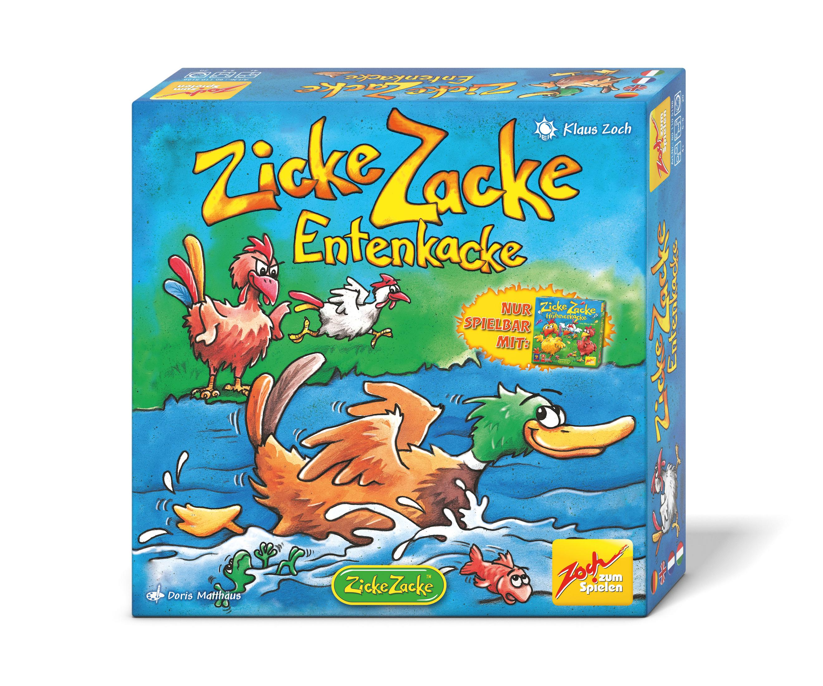 Eine Brettspielbox mit Enten und Hühnern auf dem Cover. Der Name des Spiels ist 'Zicke Zacke'.