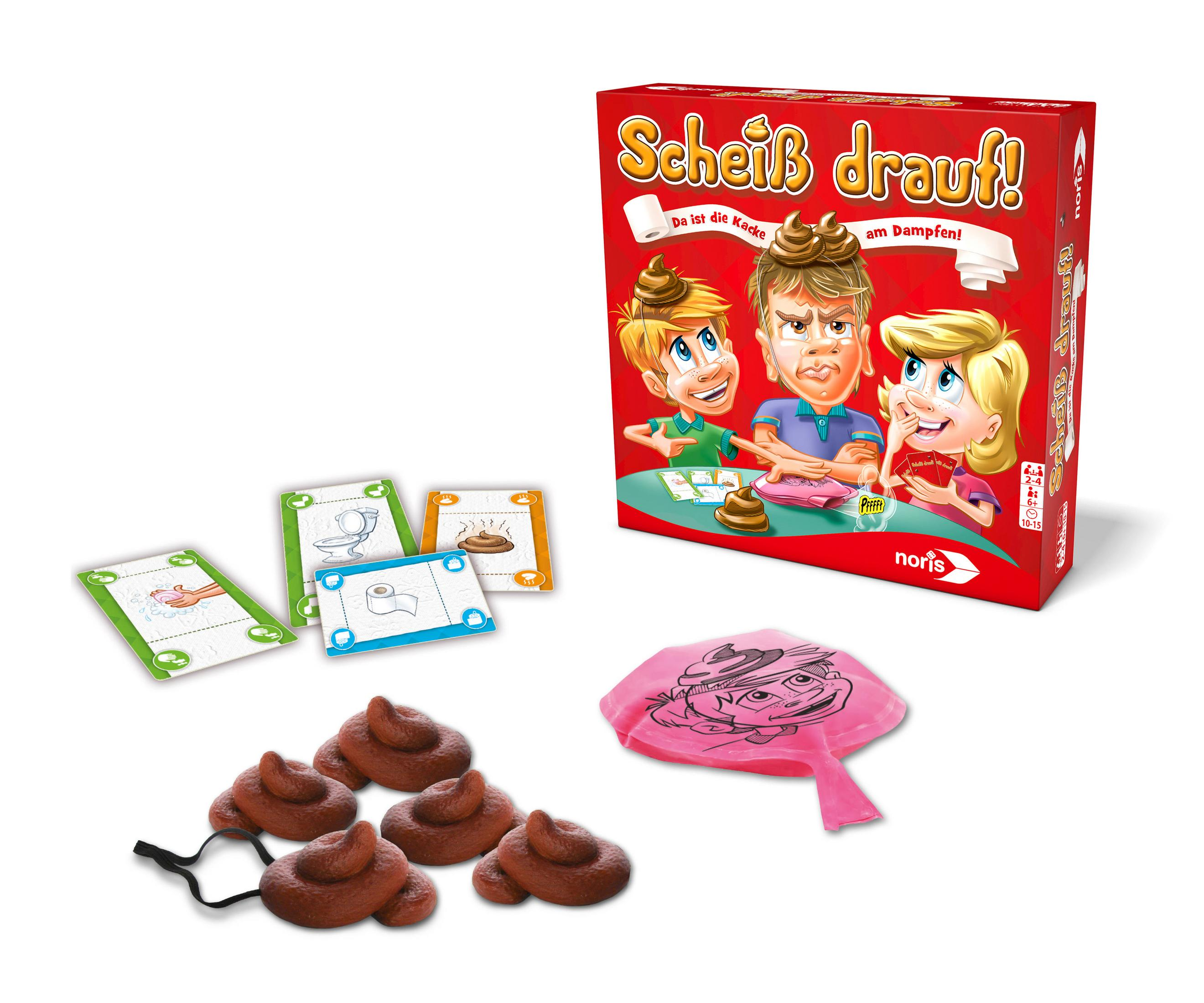 Eine Brettspielbox mit Zeichentrickfiguren und Spielsteinen, die herumliegen. Das Spiel heißt 'Scheiß drauf!'