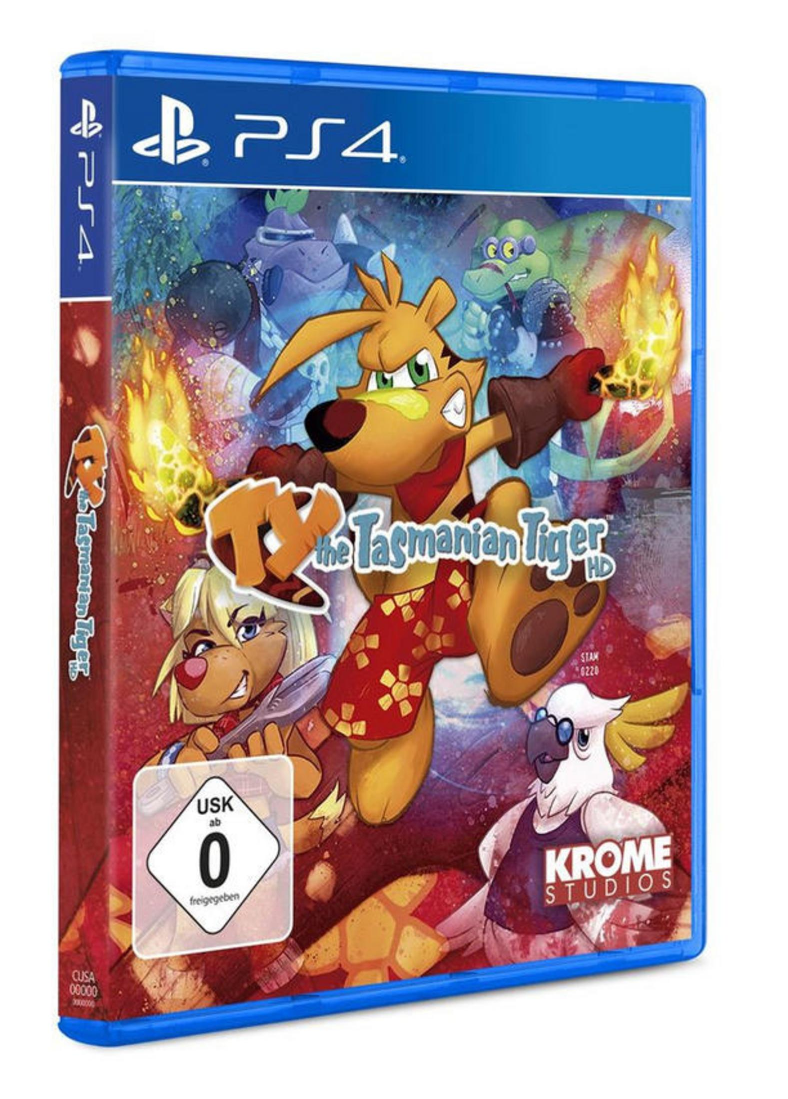 PS4-Spielhülle mit Ty the Tasmanian Tiger HD. Ein Cartoon-Känguru wird gezeigt.