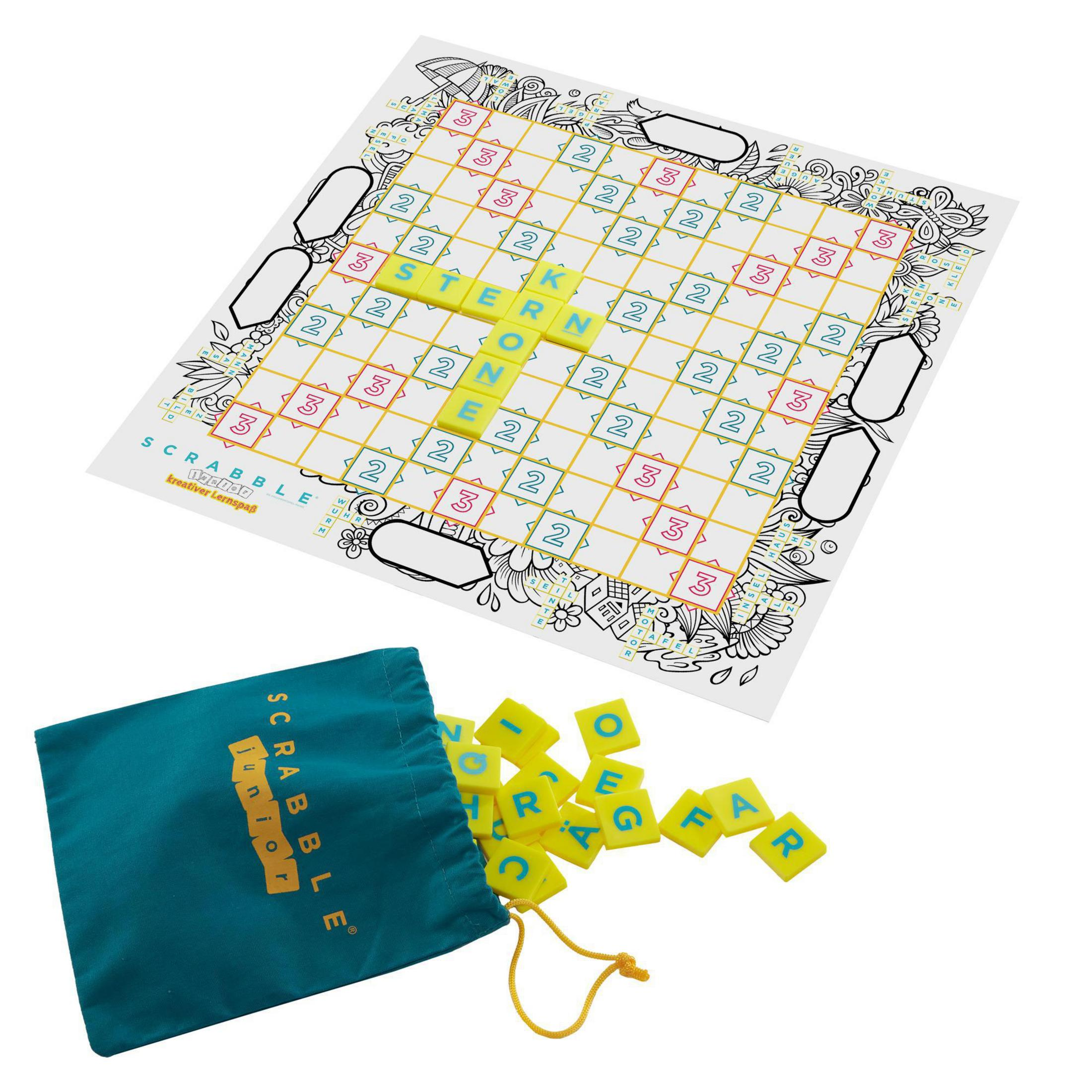 Scrabble Junior Spiel mit Brett, Spielsteinen und Beutel. Das Brett hat Buchstaben, der Beutel ist blau und die Steine sind gelb.