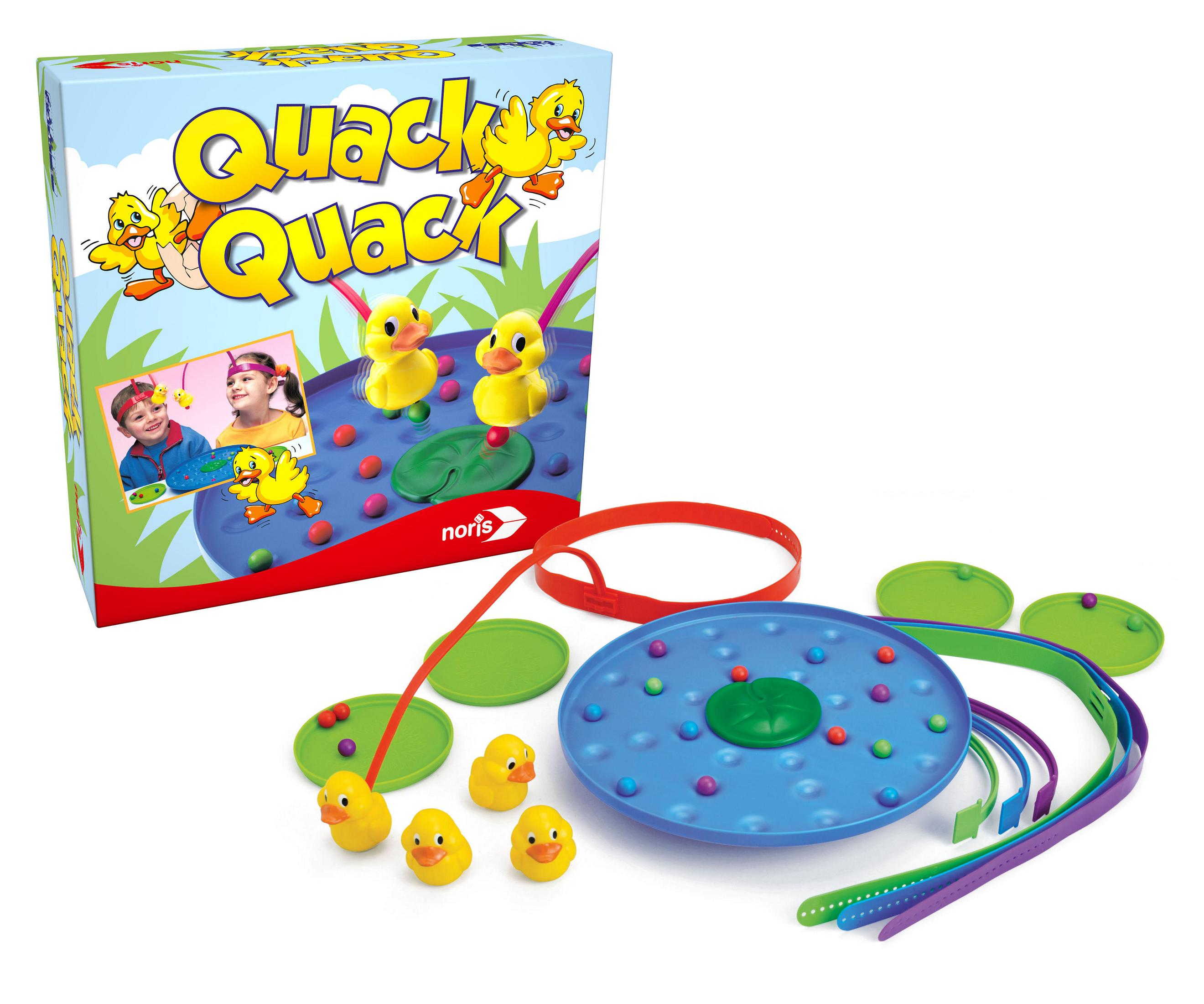 Quack Quack Brettspiel. Enten, Angelruten und ein sich drehendes blaues Brett.
