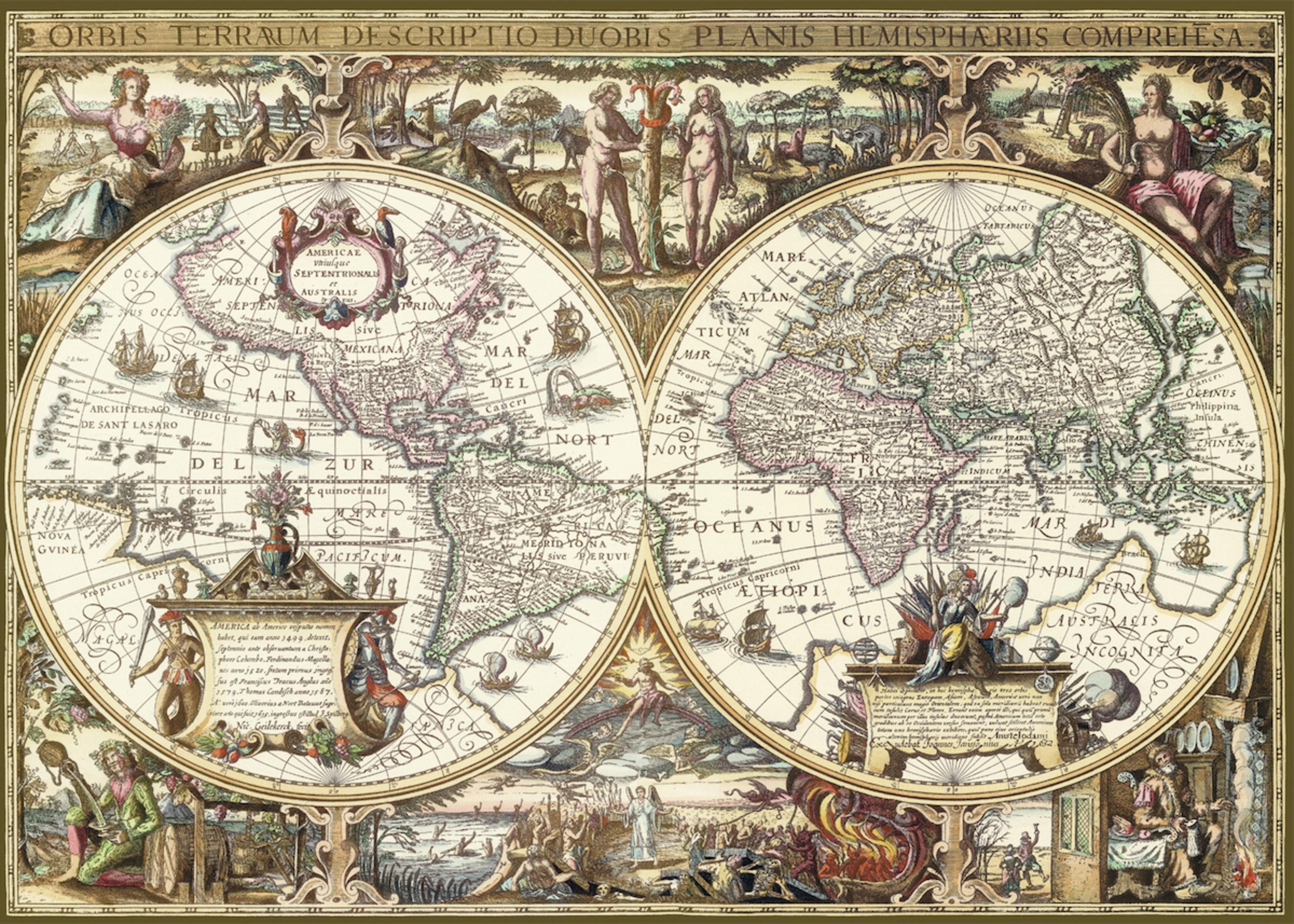 Antike Weltkarte mit zwei Hemisphären, die Kontinente und Details zeigen.