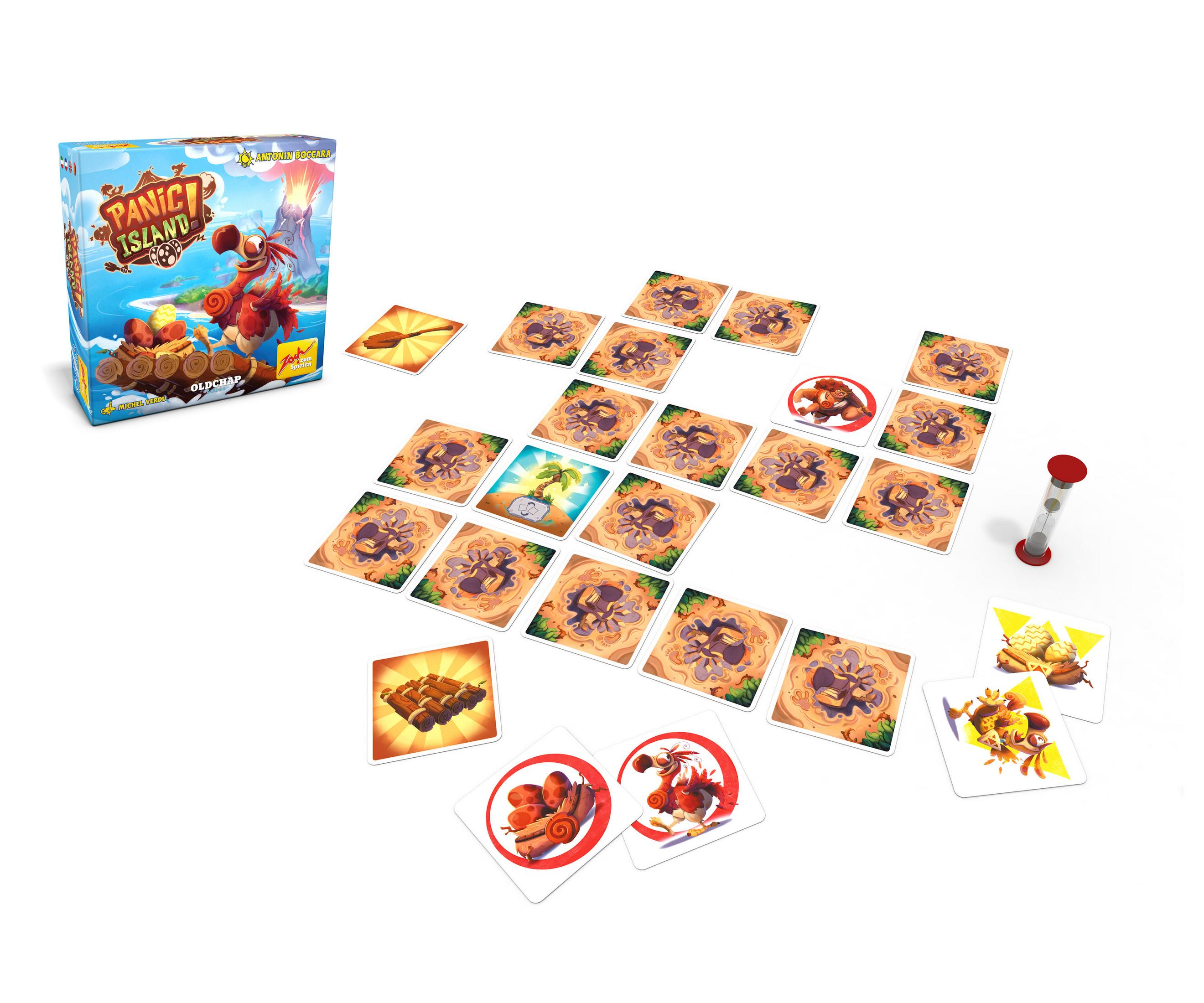 Brettspiel: Panic Island. Karten und Timer sind sichtbar.
