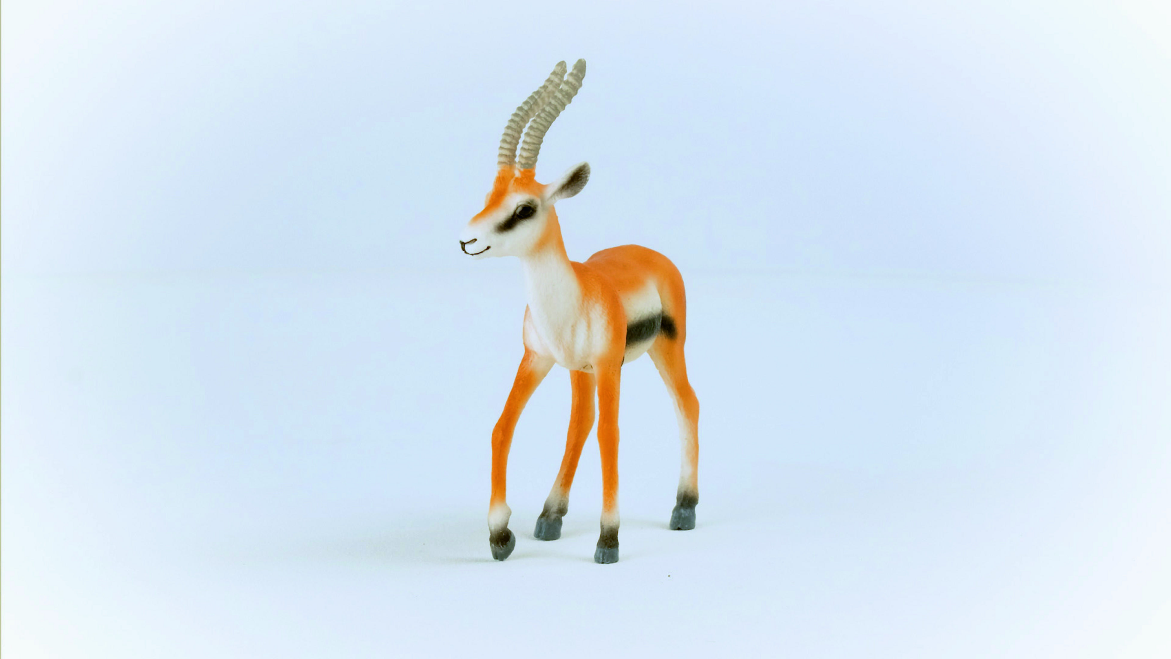 Zabawka gazeli stojąca na białej powierzchni.