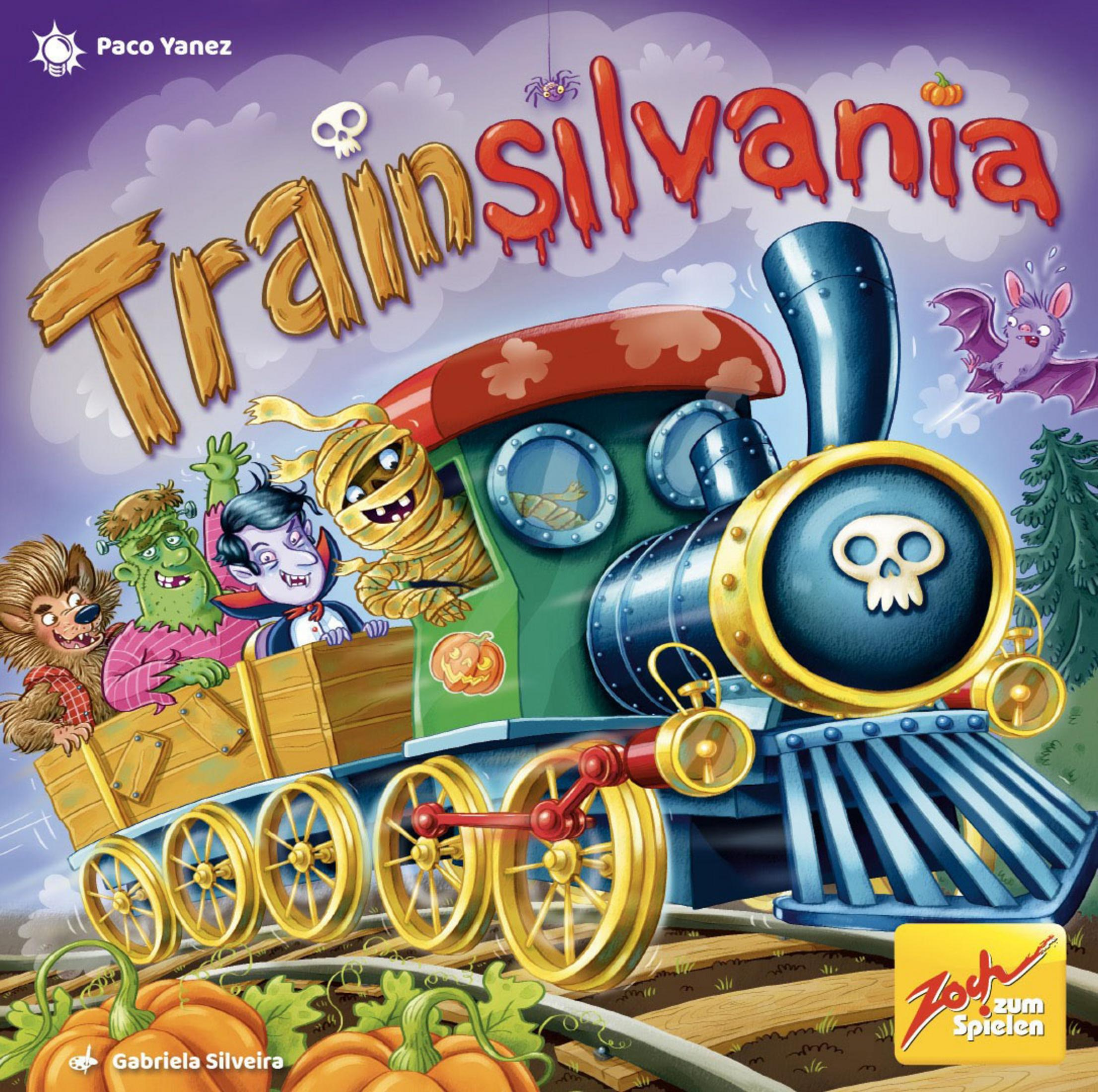 Trainsilvania Brettspiel-Cover. Ein Zug mit Monstern darauf. Kürbisse im Vordergrund. Lila Hintergrund.