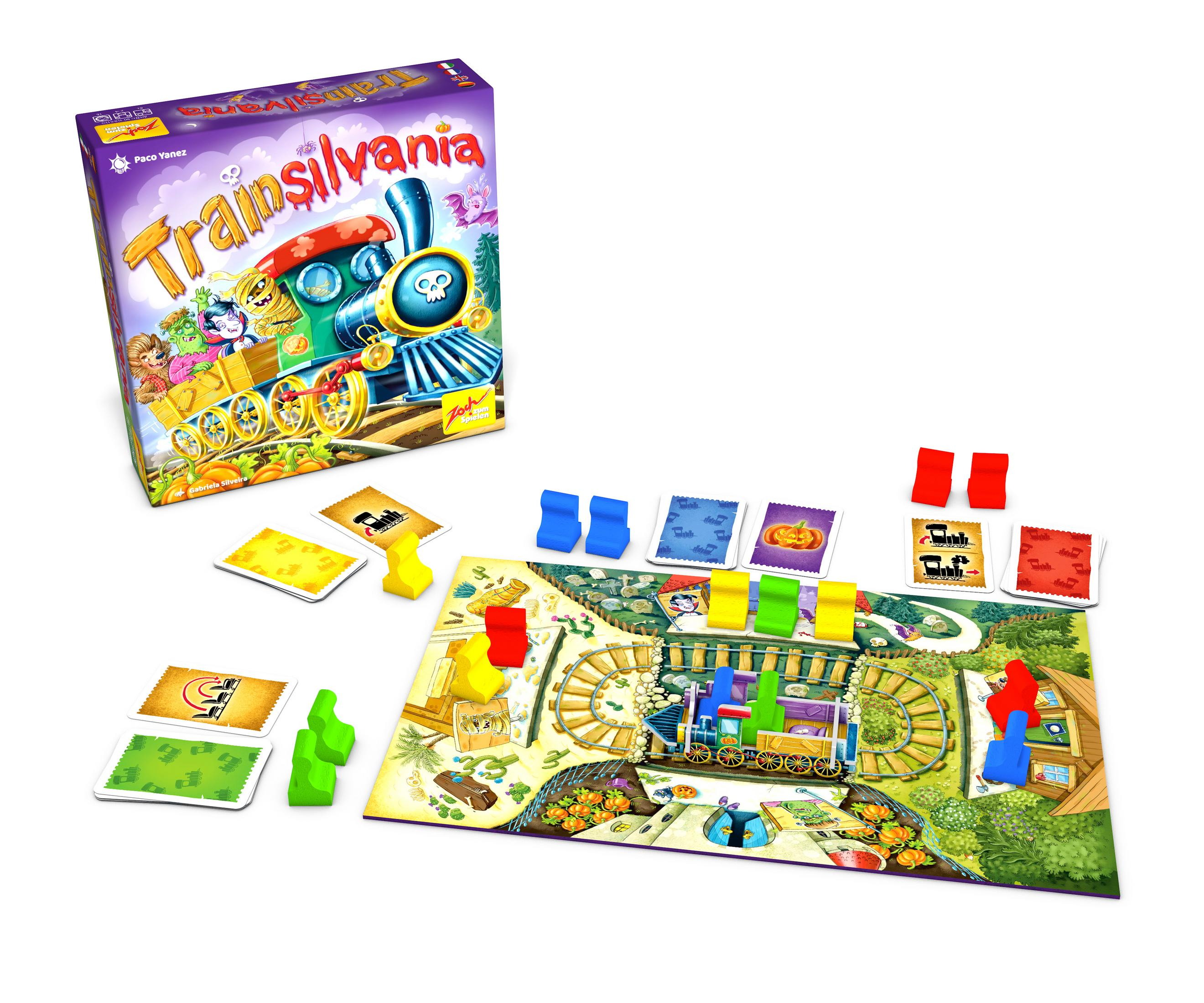 Ein Brettspiel von Transsilvanien. Enthält eine Schachtel, ein Spielbrett, Karten und Spielfiguren. Ein Zug ist auf dem Brett.