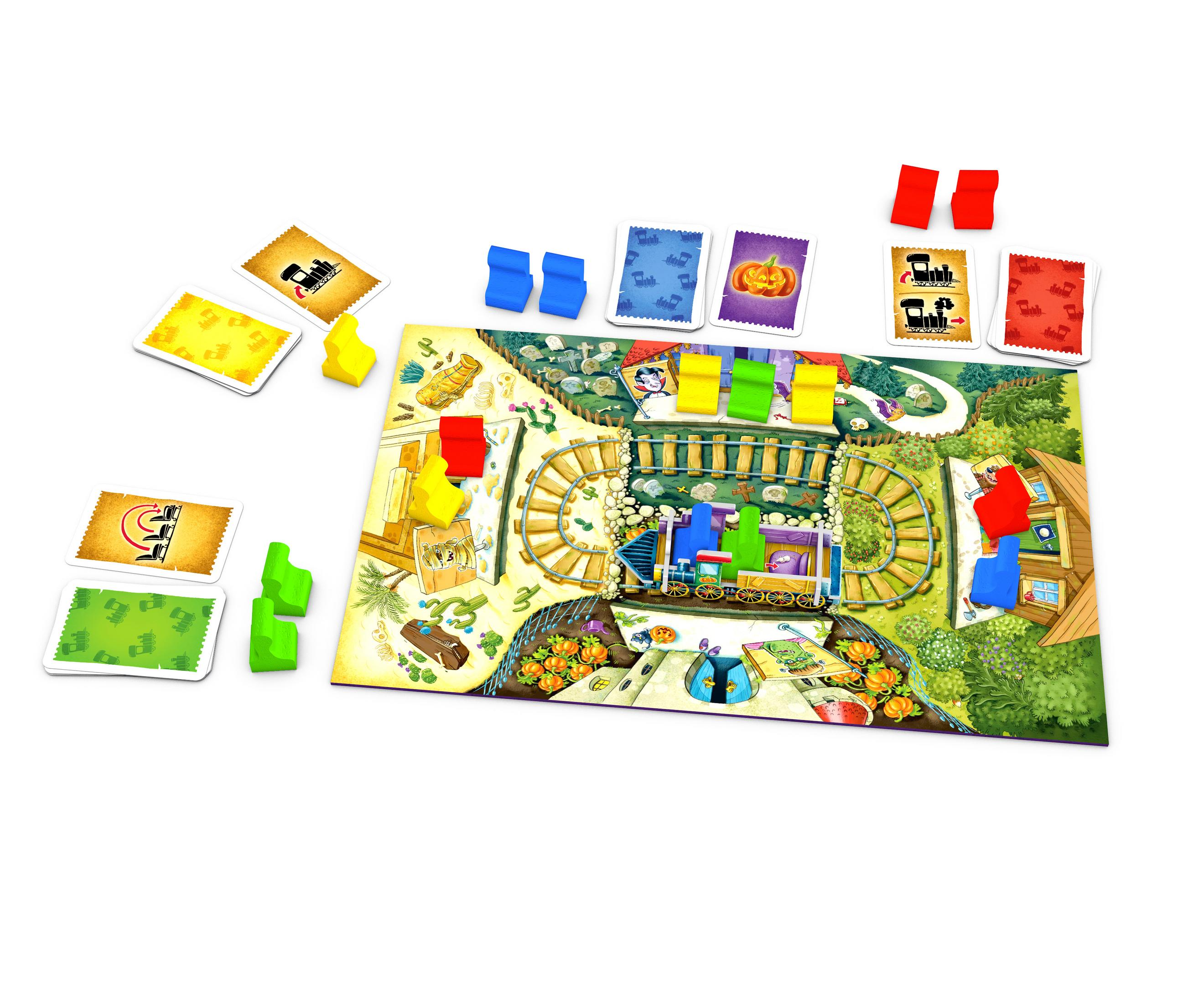 Brettspiel-Set auf einer weißen Oberfläche. Es gibt Karten, Spielsteine und ein Spielbrett mit einer Bahntrasse und Landschaft.