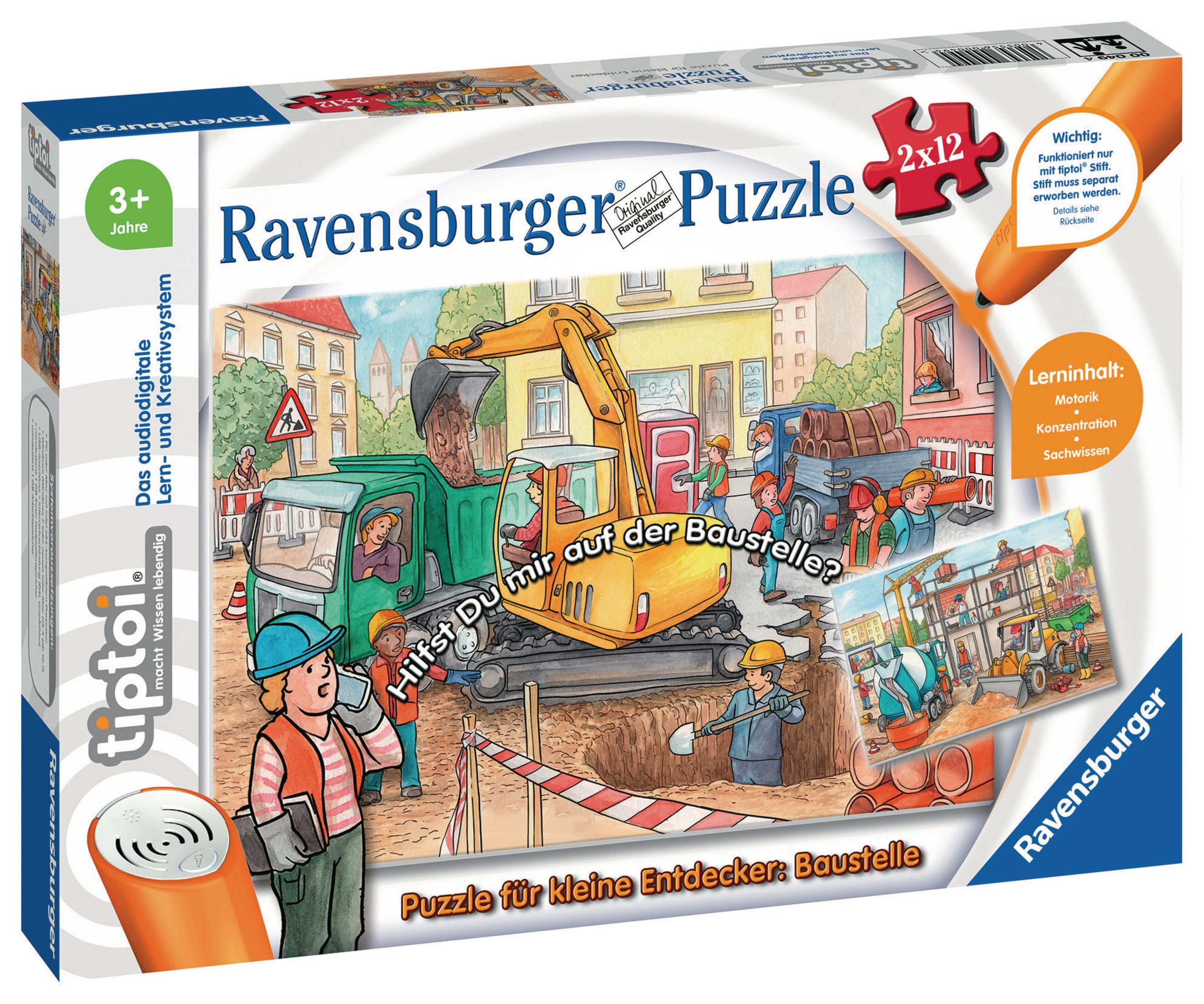Kinder-Puzzle-Box mit Baustellenszene. Enthält einen Bagger und einen grünen LKW.