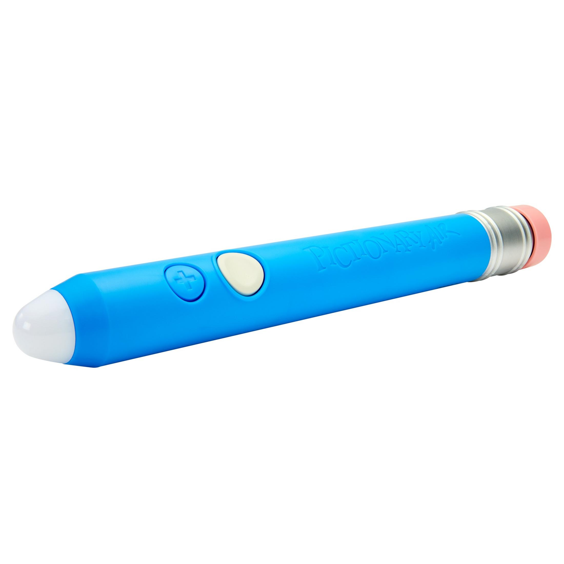 Dispositivo azul y blanco en forma de bolígrafo con dos botones y una punta rosa. Está sobre una superficie blanca.