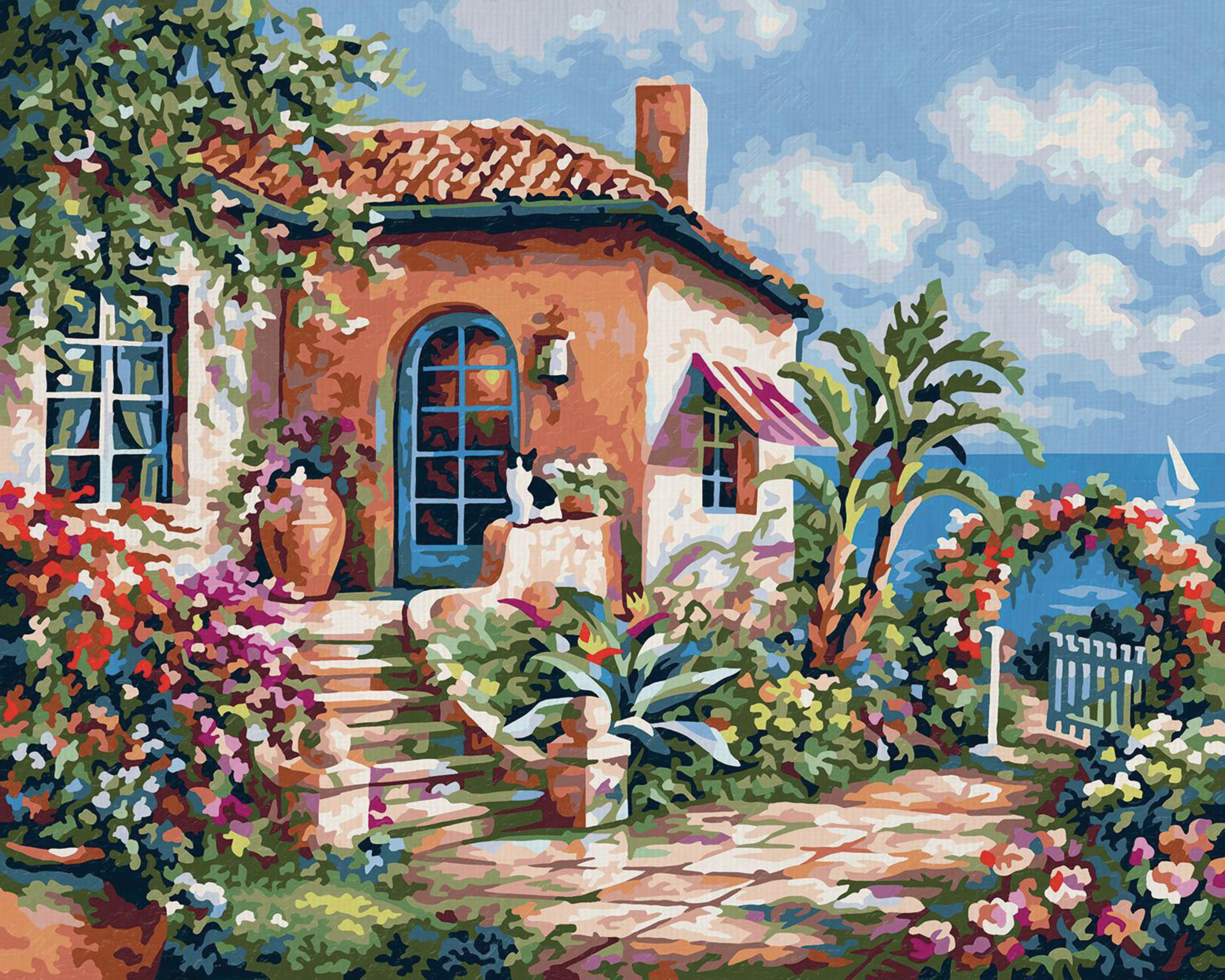Un dipinto colorato di una casa con fiori, una porta blu e una vista sul mare. Lo stile è impressionista.