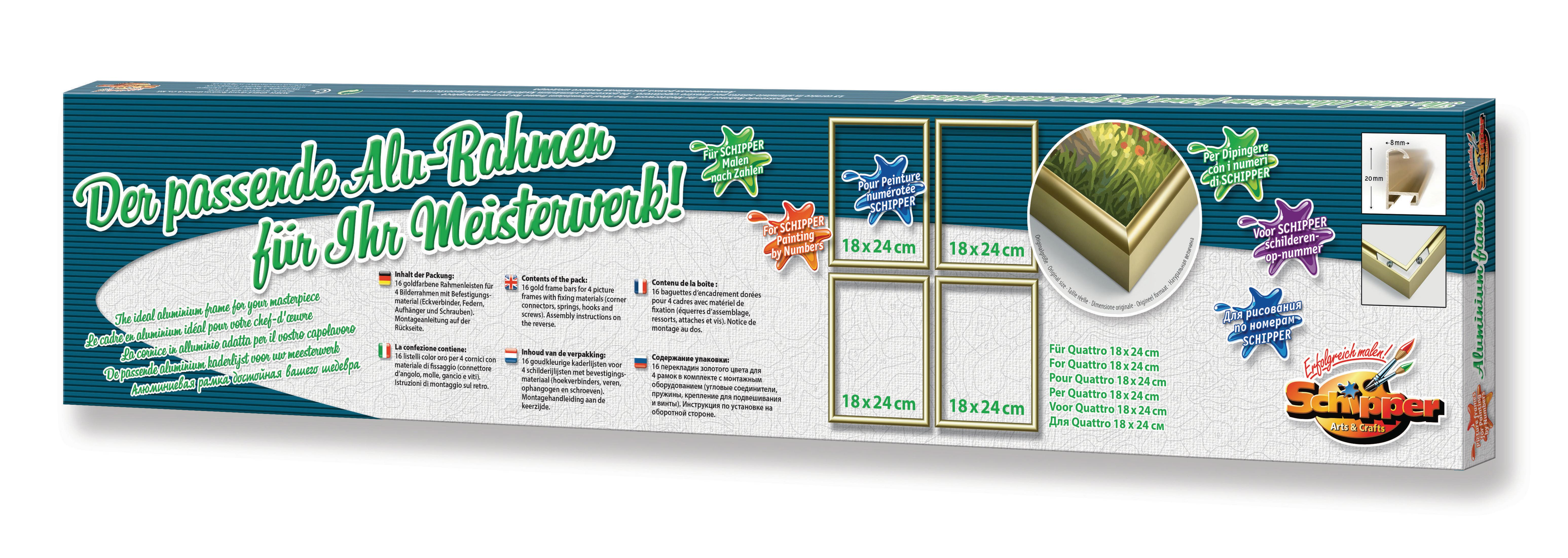 Lange Box mit Rahmen zum Einrahmen, Text in verschiedenen Sprachen und Bildern der Rahmen. 'Der passende Alu-Rahmen'.