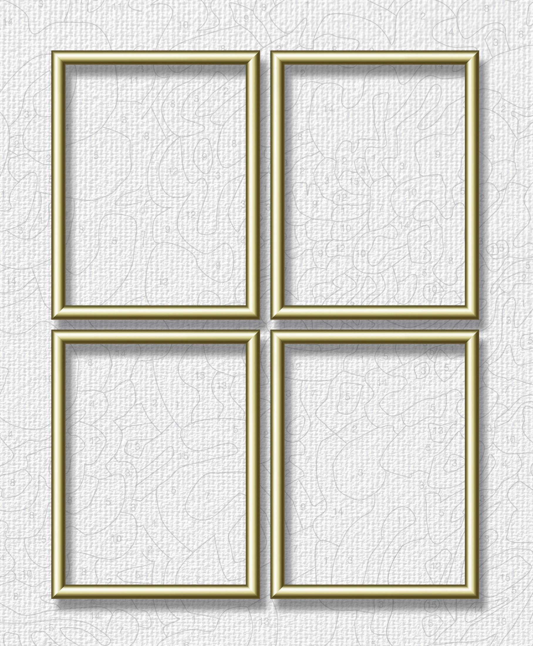 Vier leere goldene Rahmen auf hellgrauem, gemustertem Hintergrund.