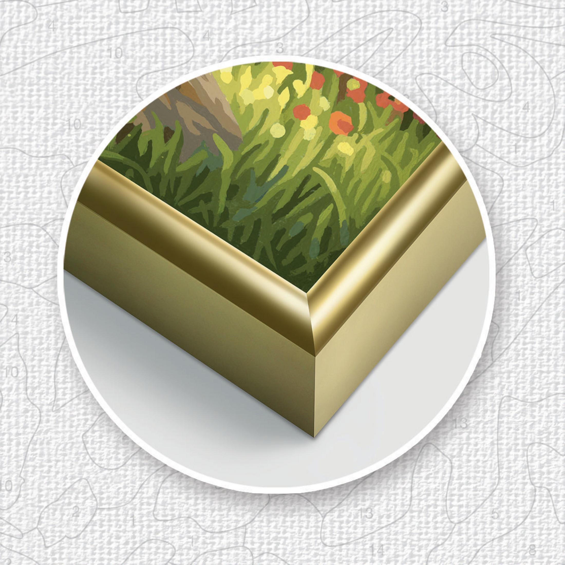 Goldener Rahmen um ein Gemälde eines grünen Feldes mit Blumen.