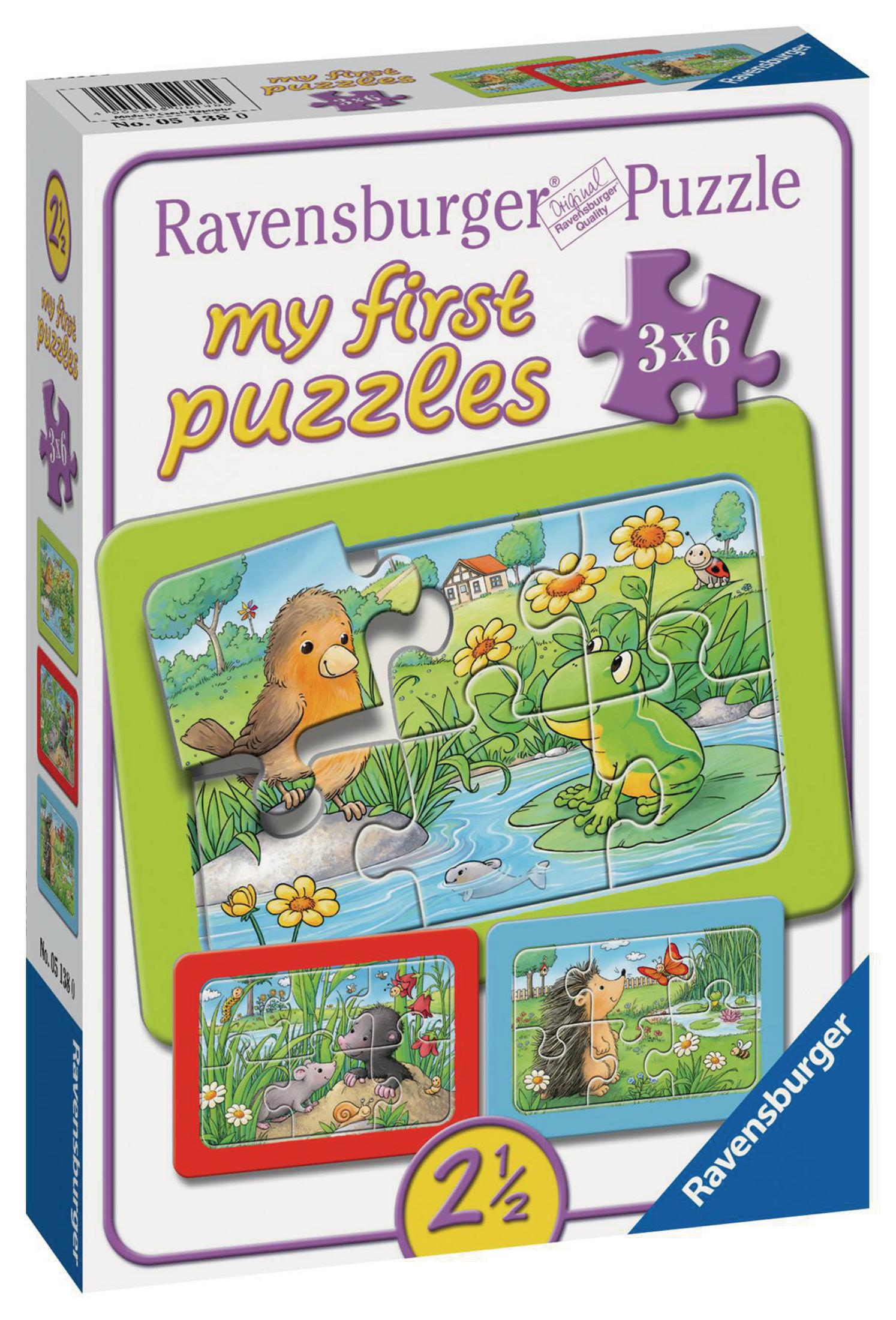 Eine Puzzledose mit einem Bild von einem Vogel und einem Frosch. Es ist ein Ravensburger Puzzle.