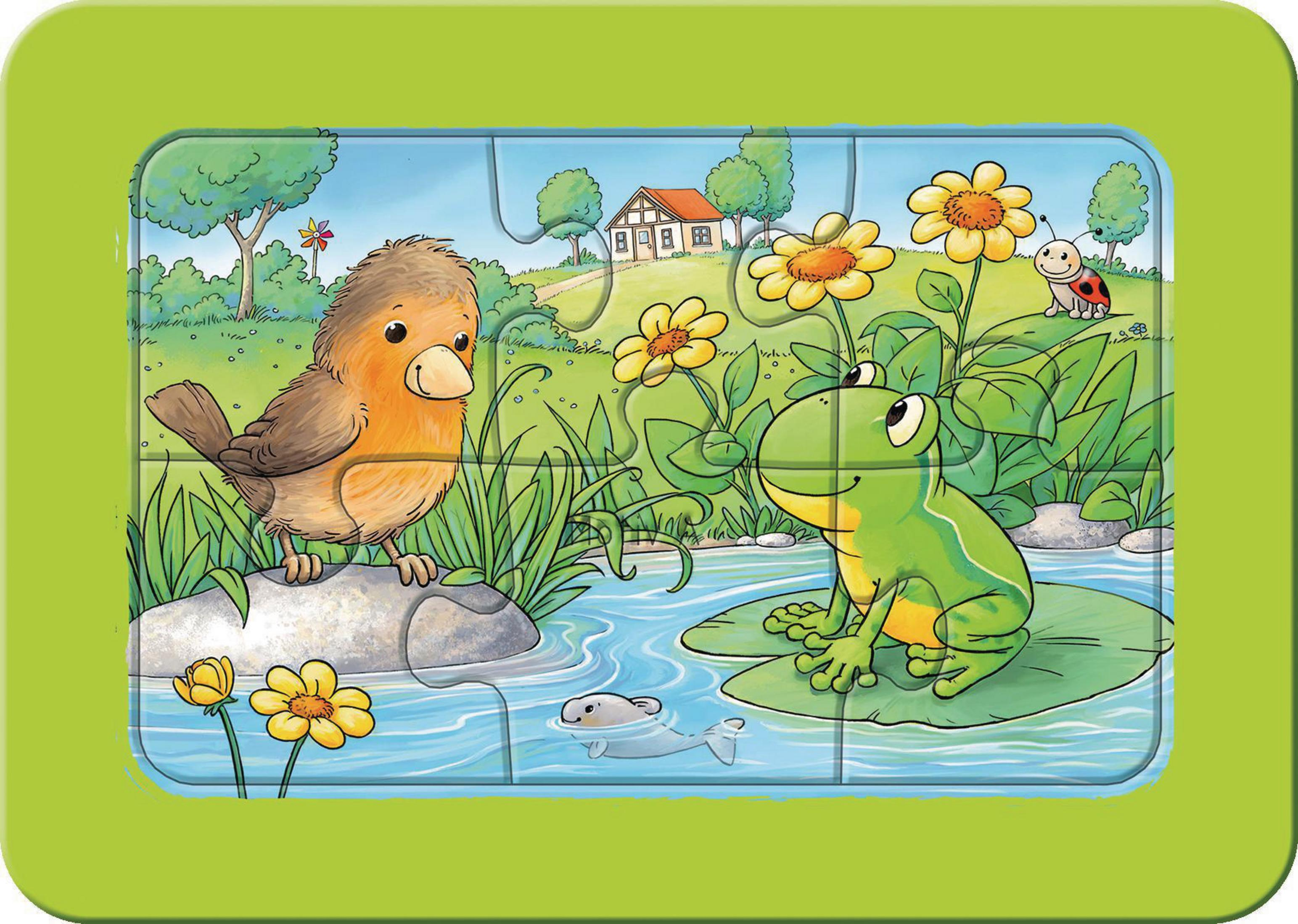 Ein Puzzlespiel zeigt einen Frosch, einen Vogel, Blumen und ein Haus. Das Puzzle ist gerahmt.