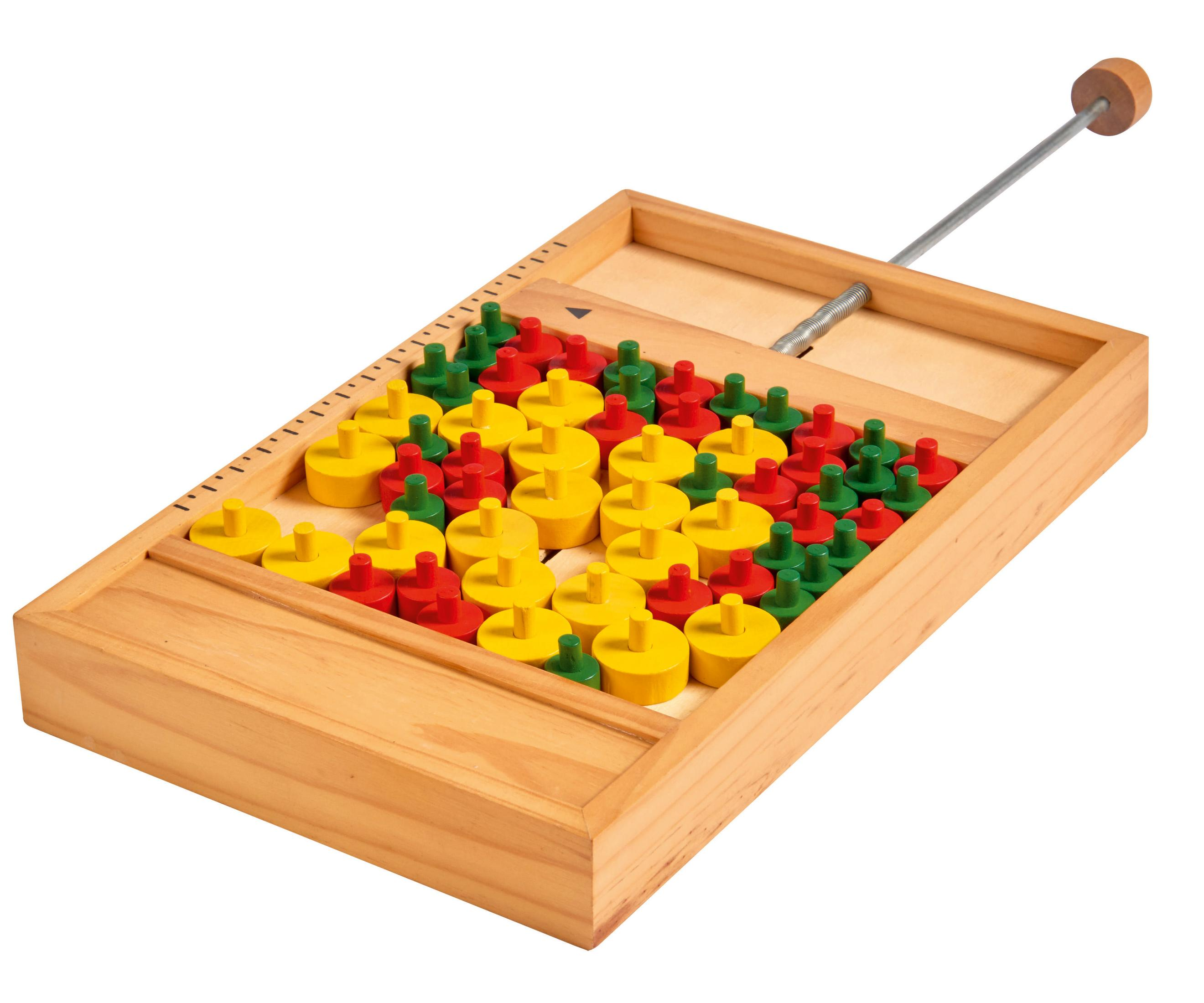 Holzbrettspiel mit bunten Stiften und einem Schiebemechanismus.