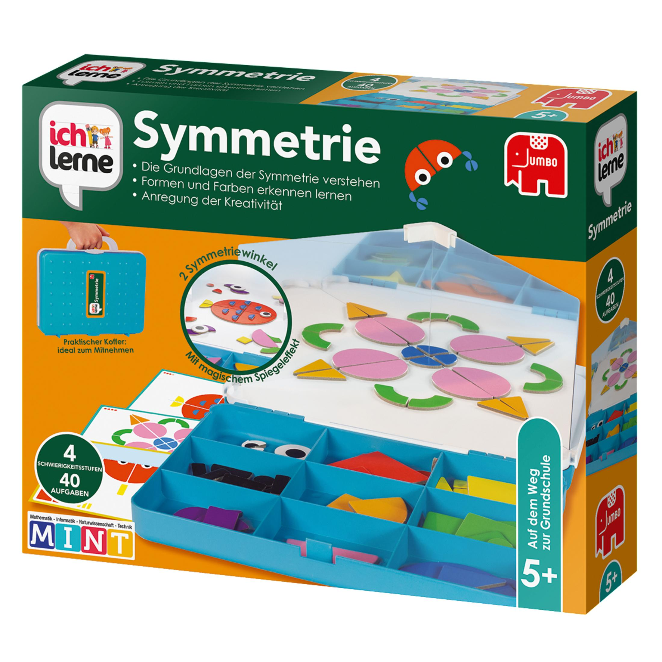 Ein Spiel über Symmetrie. Blaue und weiße Box mit bunten Formen.