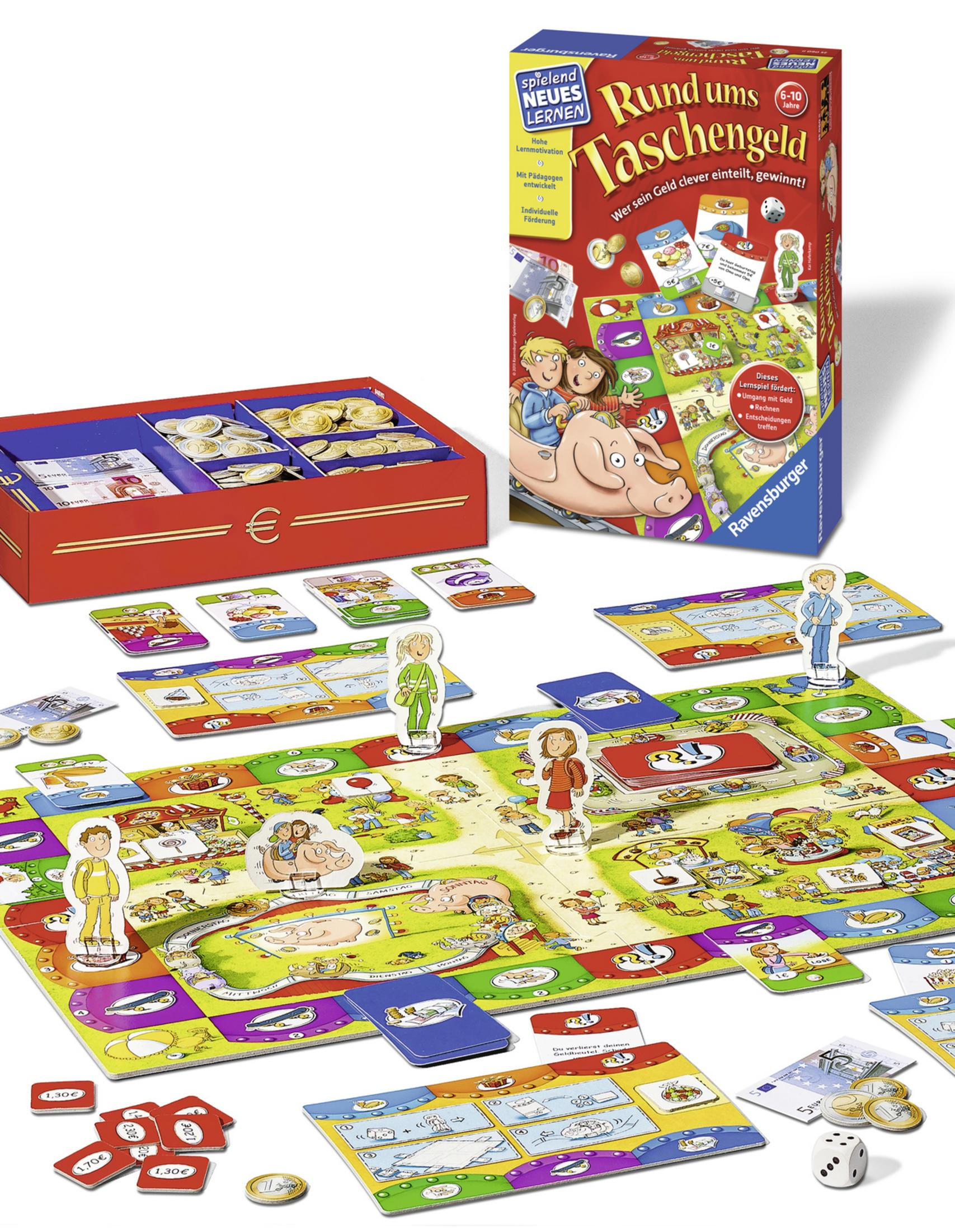 Ein Brettspiel mit bunten Pfaden, Figuren, Geld und Würfeln. Eine rote Box mit Münzen ist sichtbar.