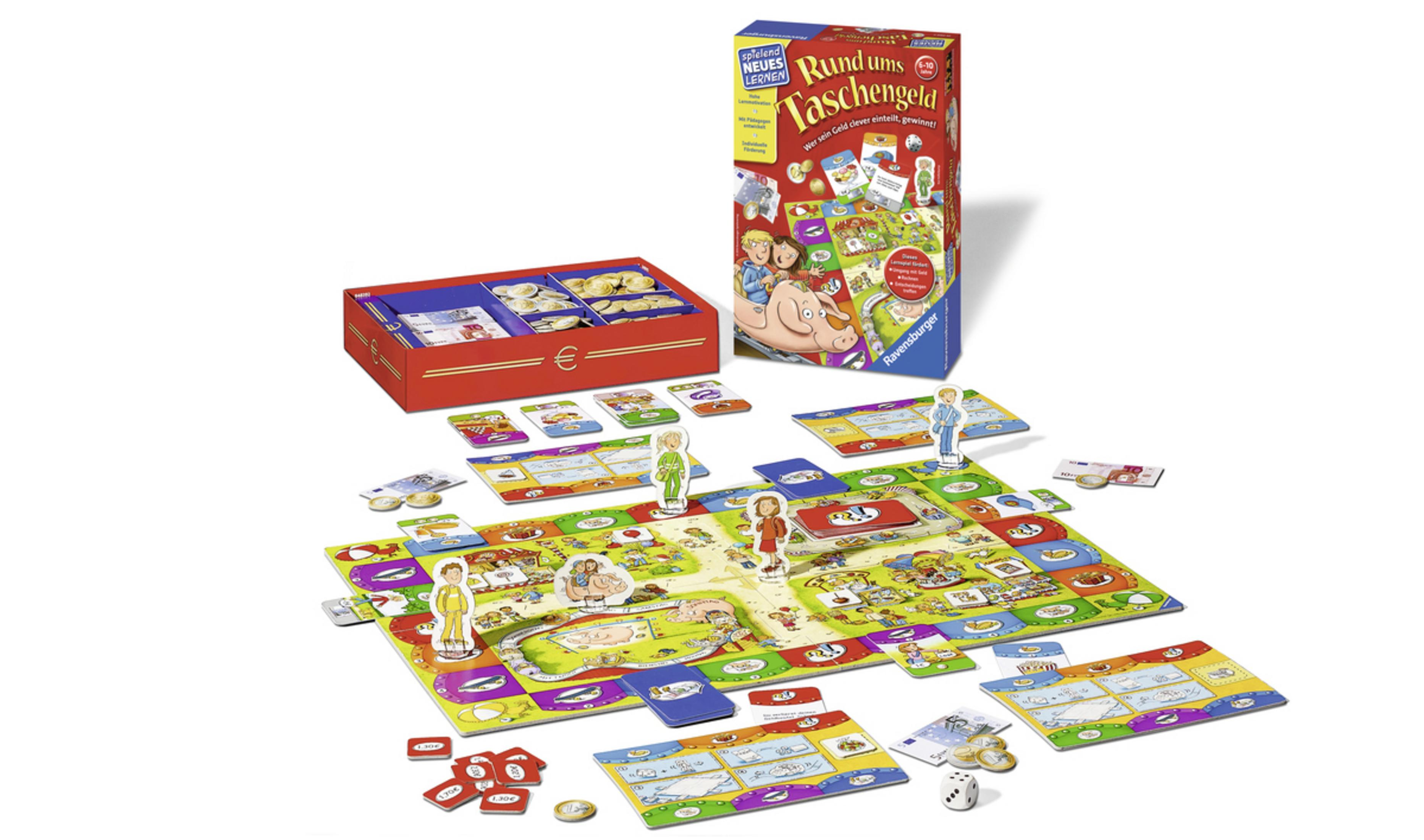 Brettspielbox, "Rundums Taschengeld", mit Spielsteinen und Euro-Geld auf weißem Hintergrund.