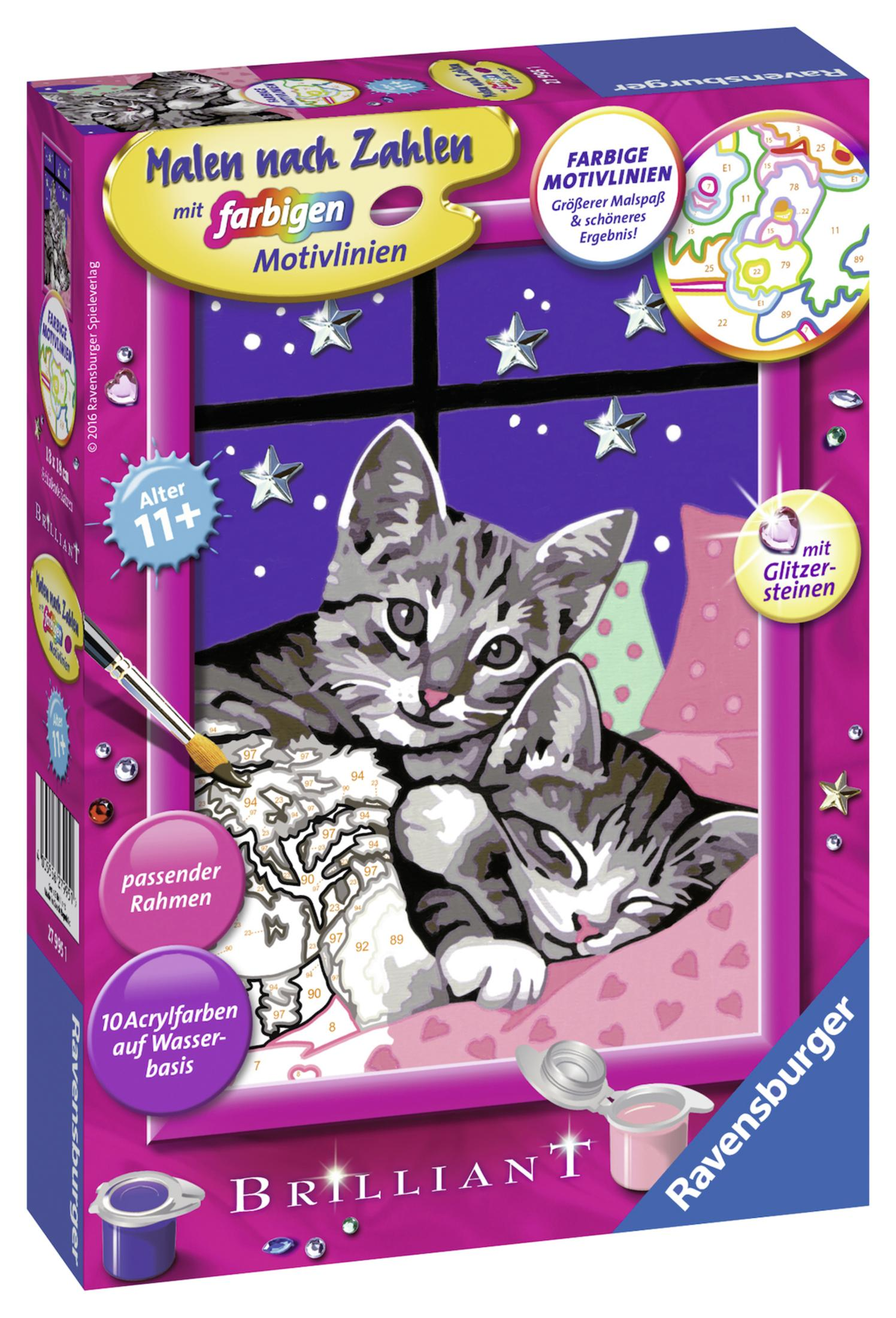 Box Malen nach Zahlen mit zwei Katzen am Fenster und Text auf Deutsch. Rosa- und Lilatöne.