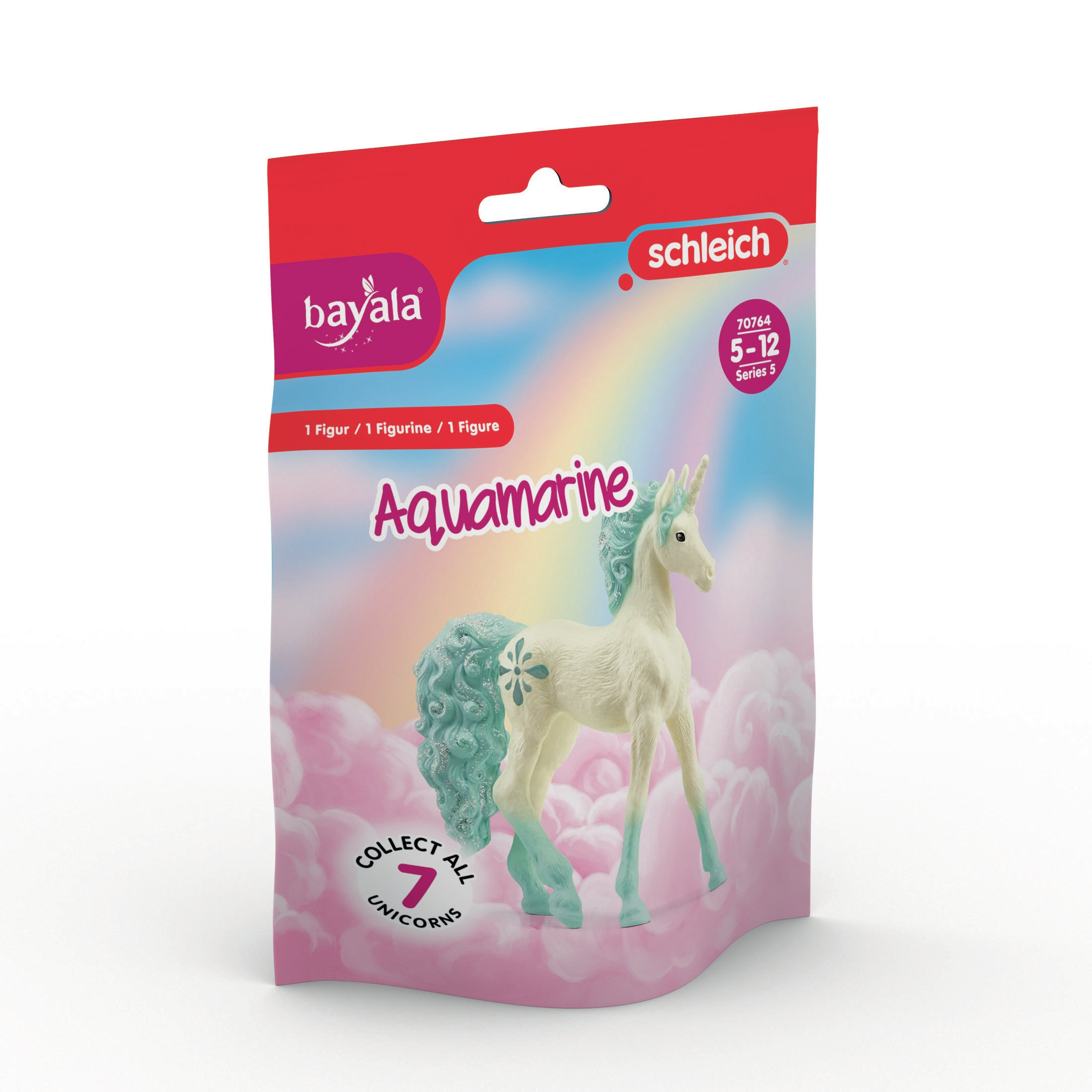 Zabawka jednorożec w opakowaniu. Biały jednorożec z niebieską grzywą i ogonem. Różowe i niebieskie tło.