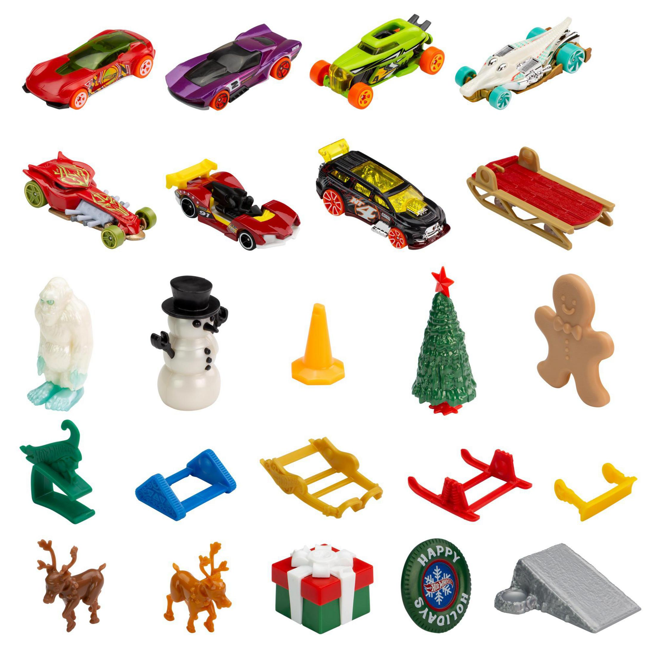 Verschiedene Spielzeugautos und Weihnachtsfiguren wie Schneemann, Baum und Lebkuchenmann.