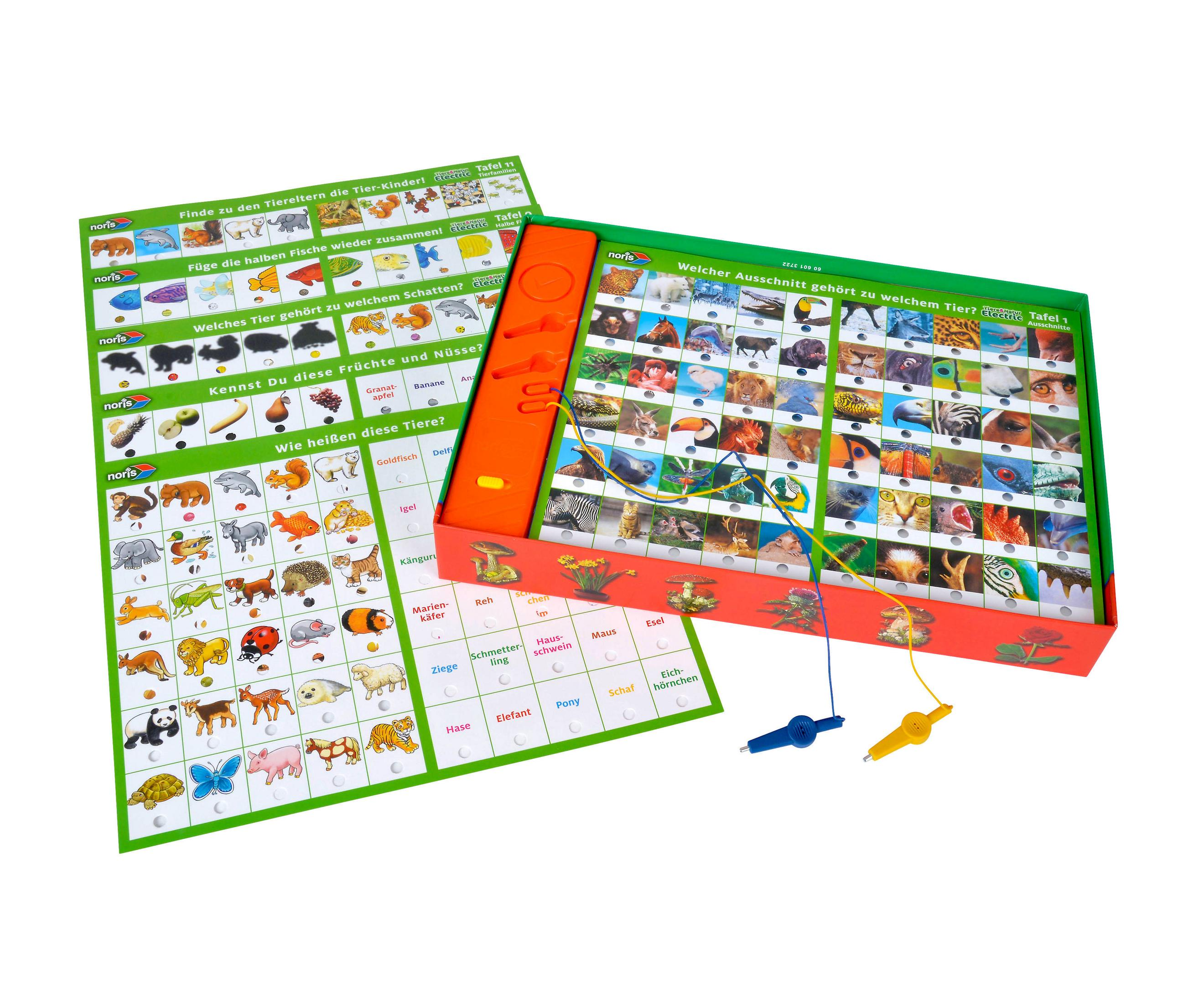 Ein Kinderspiel mit Tierbildern, einem passenden Spielbrett und zwei Magnetstäben. Weißer Hintergrund.