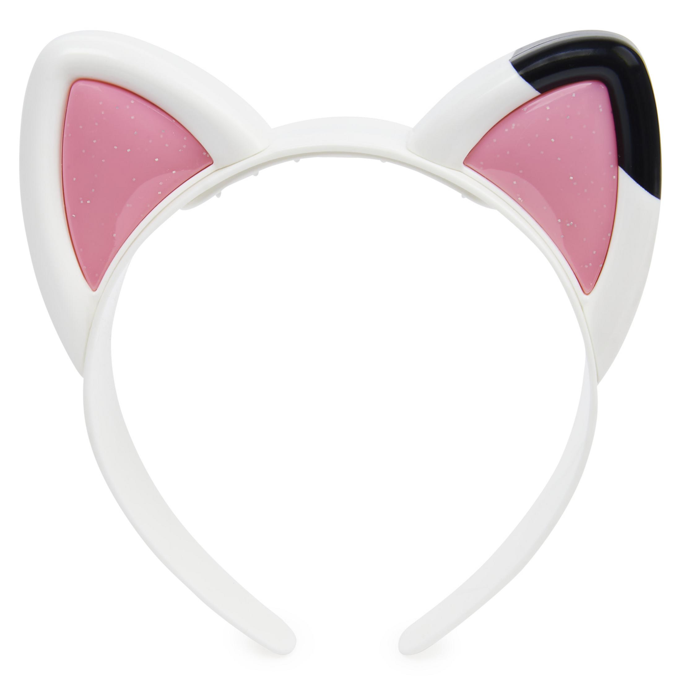 Ein weißes Stirnband mit rosa und schwarzen Katzenohren.