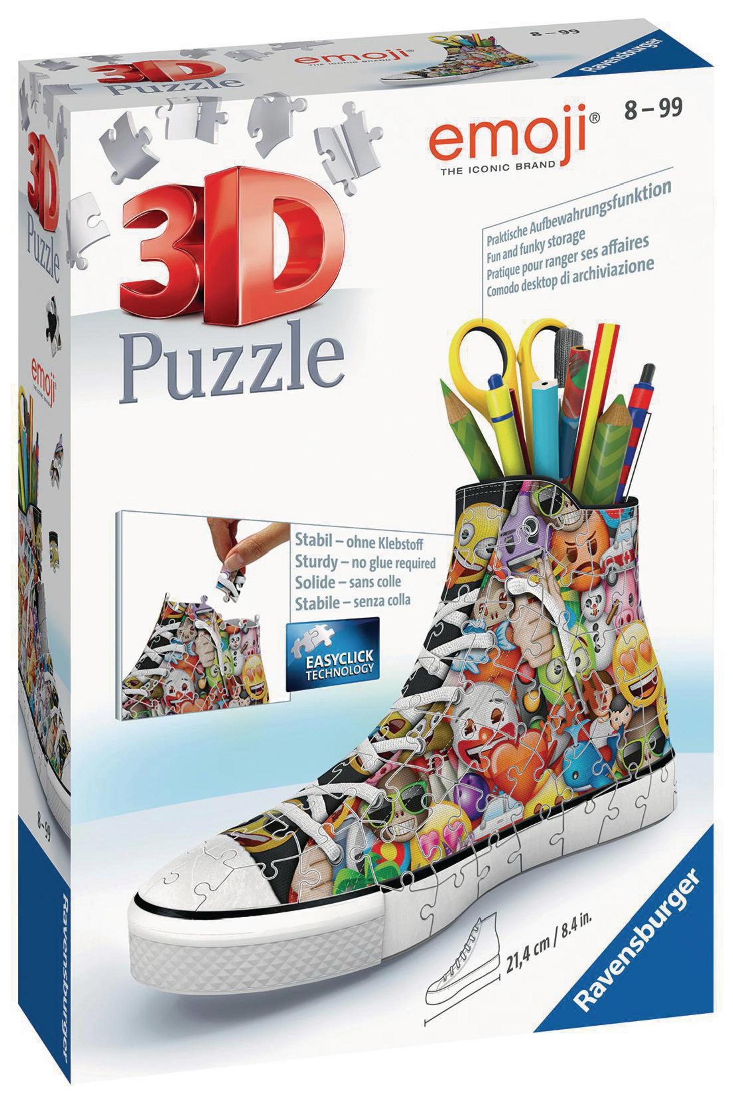 Puzzle w kształcie wysokiej trampki wypełnionej emotikonami. Pudełko jest widoczne.