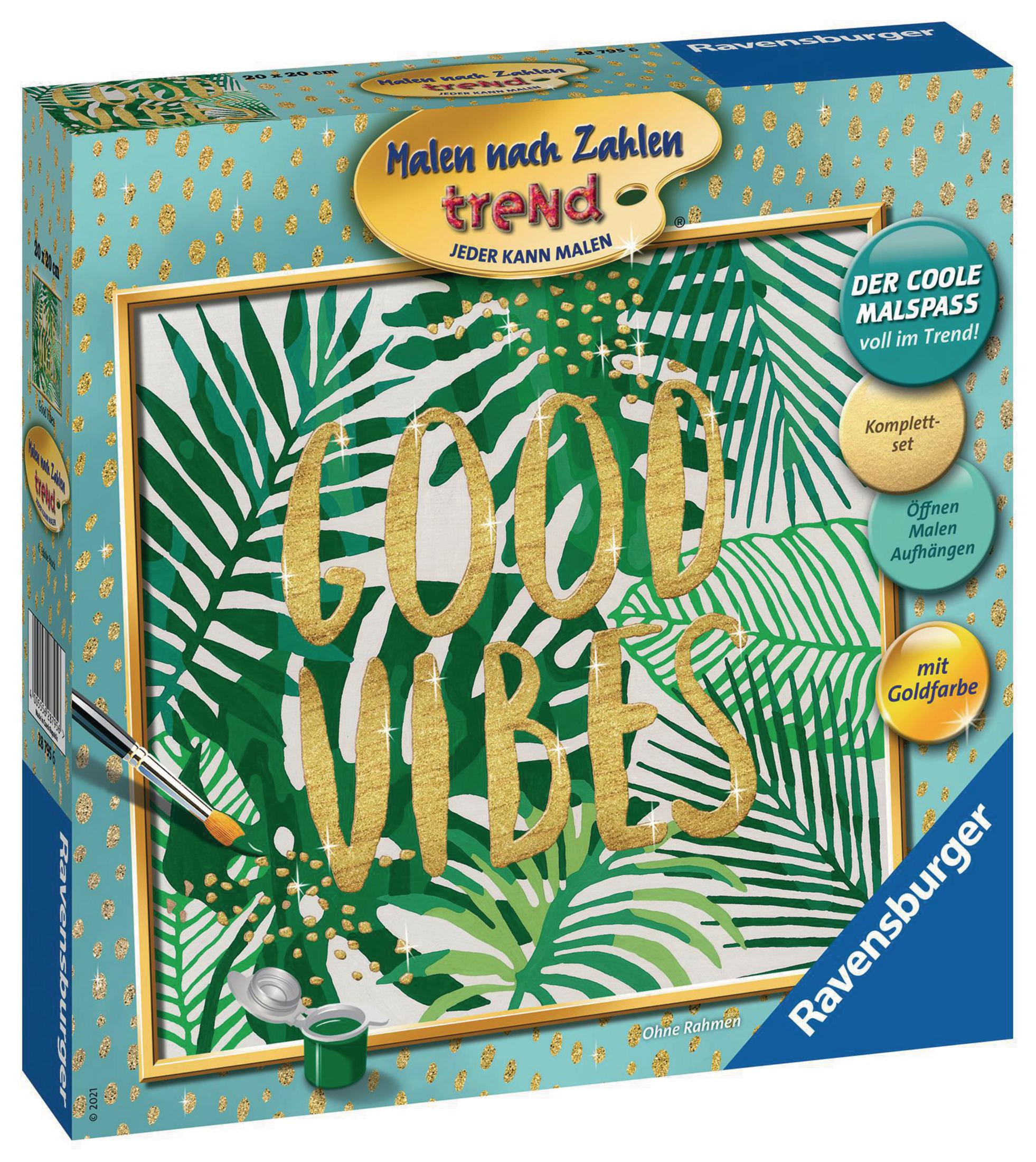 Malen nach Zahlen Trend Box. Die Box zeigt ein Gemälde mit den Worten „Good Vibes“ und Pinsel und Farbe.