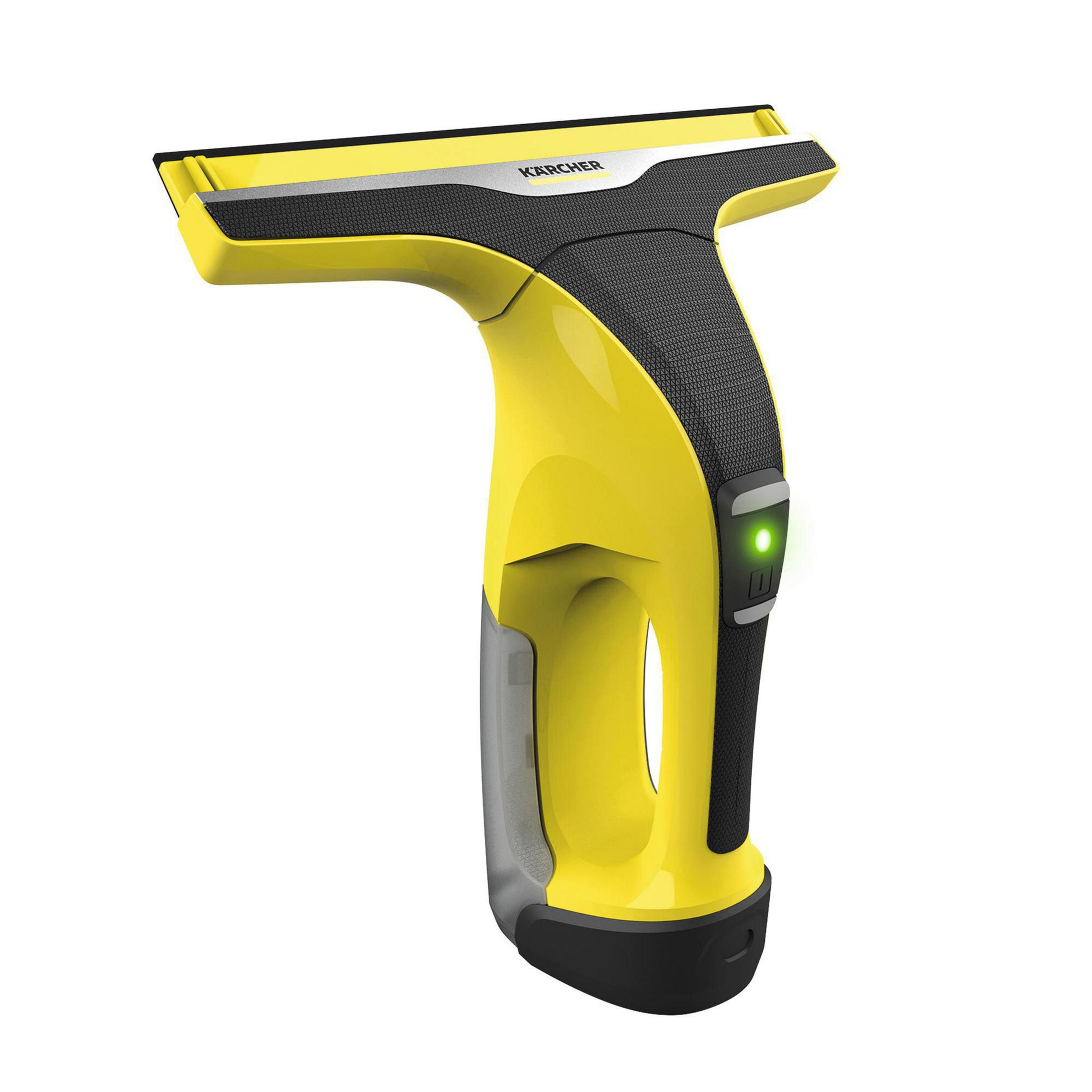 Żółto-czarny środek do czyszczenia okien Kärcher. Ma uchwyt i głowicę czyszczącą. Widoczne zielone światło.