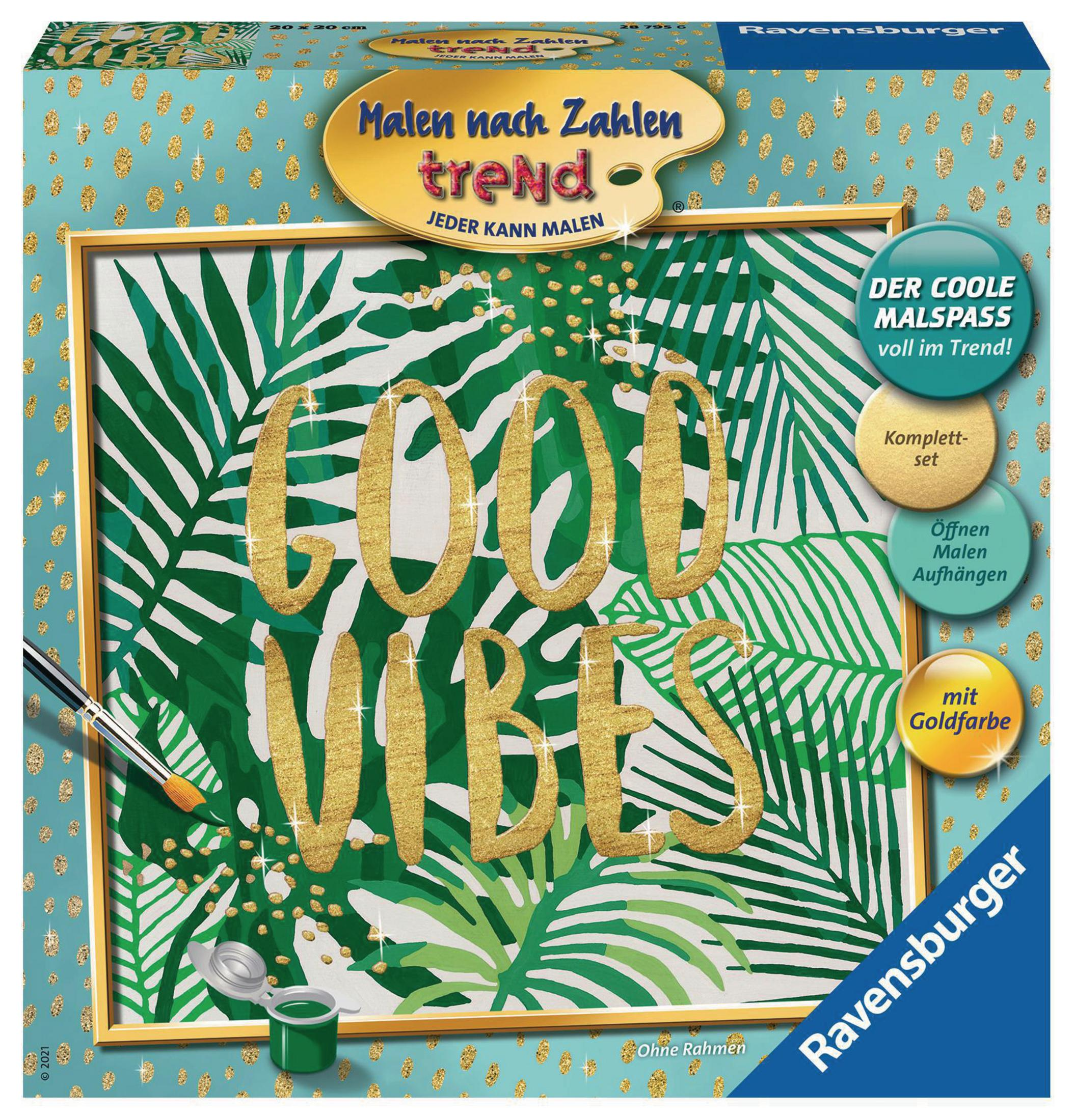 Ein Malen-nach-Zahlen-Set mit den Worten „Good Vibes“ in Gold auf tropischem Hintergrund.