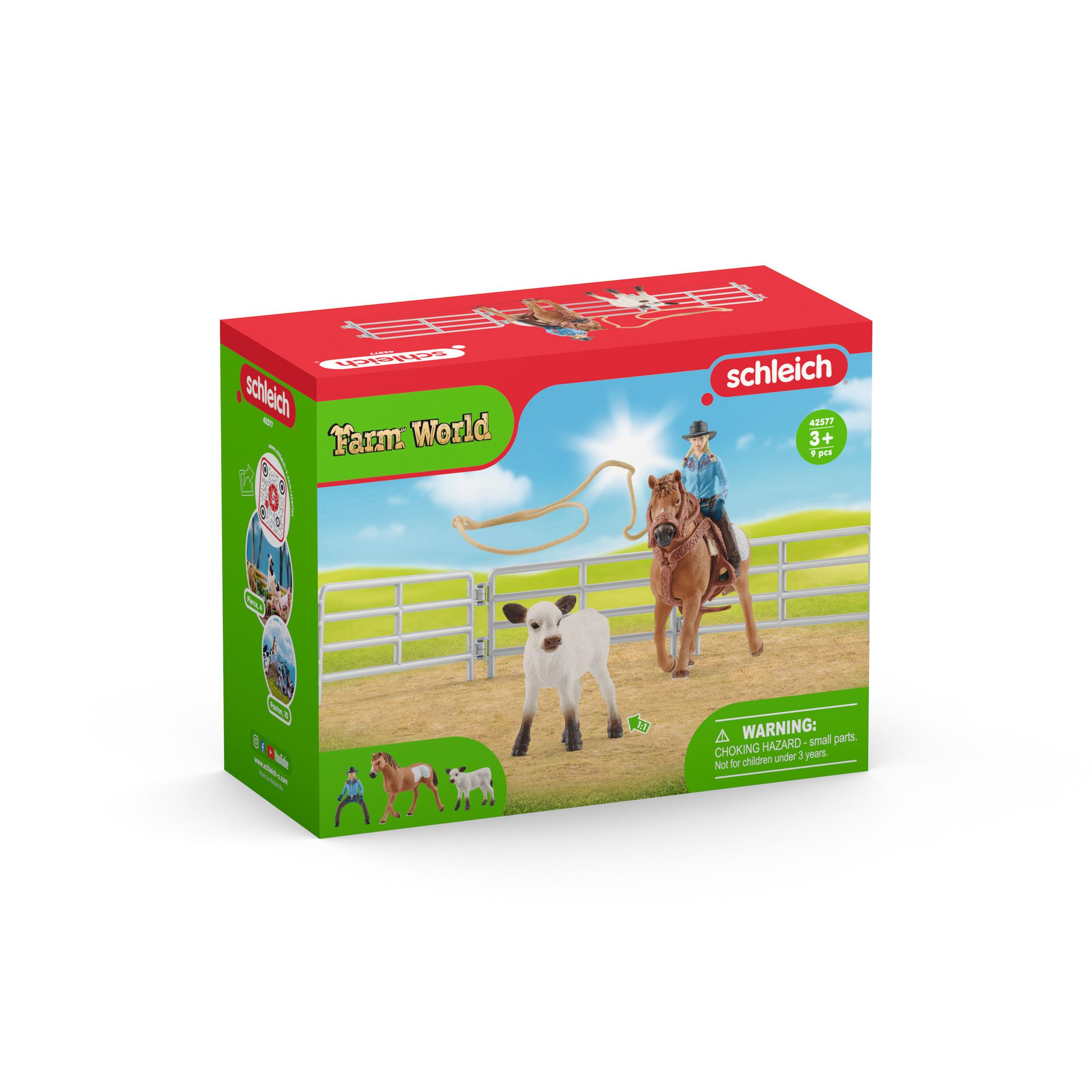 Toy box set with a cowboy, a horse, a calf, and a fence. 'Farm World' logo.