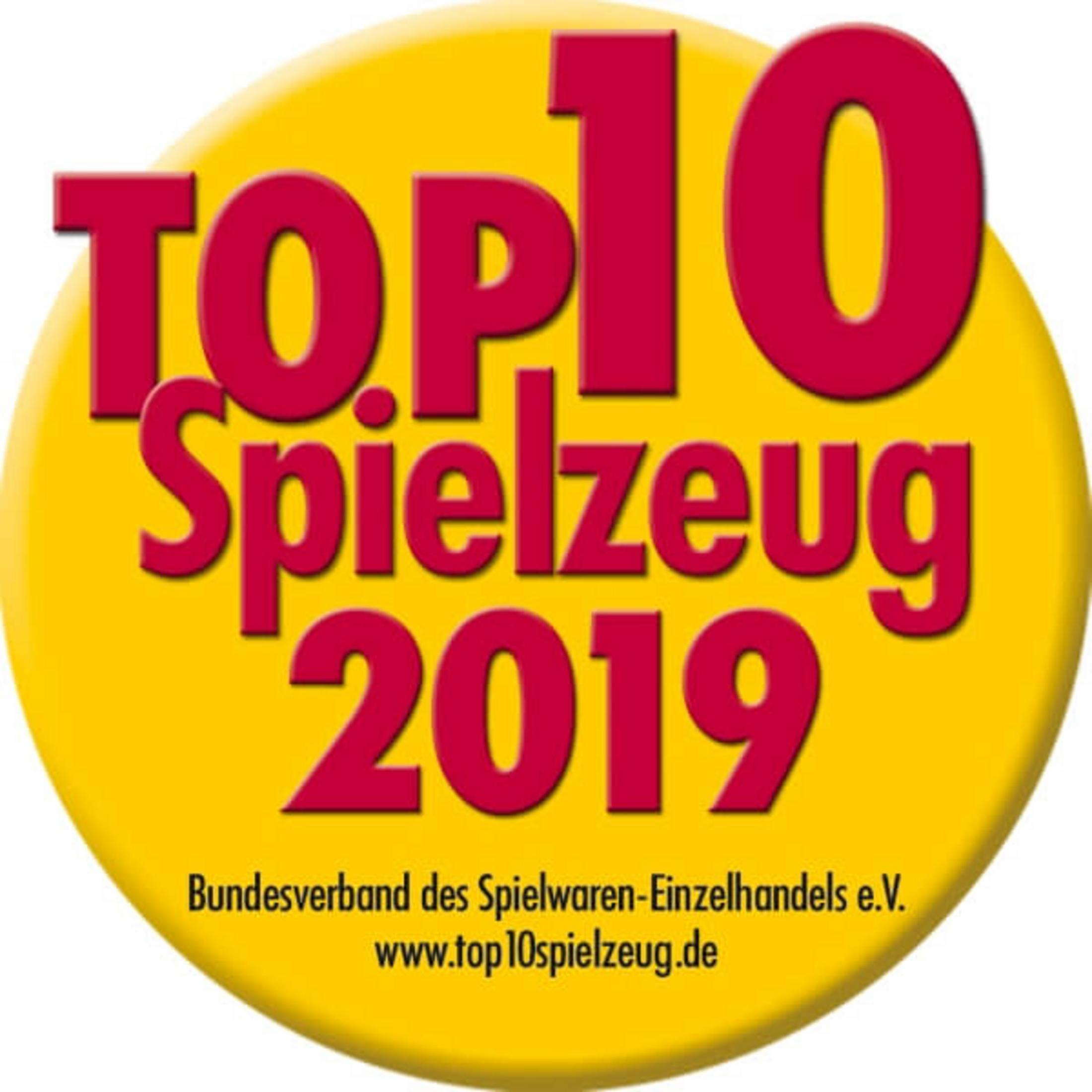 Gelbe Plakette mit rotem Text 'Top 10 Spielzeug 2019' und Firmenname.