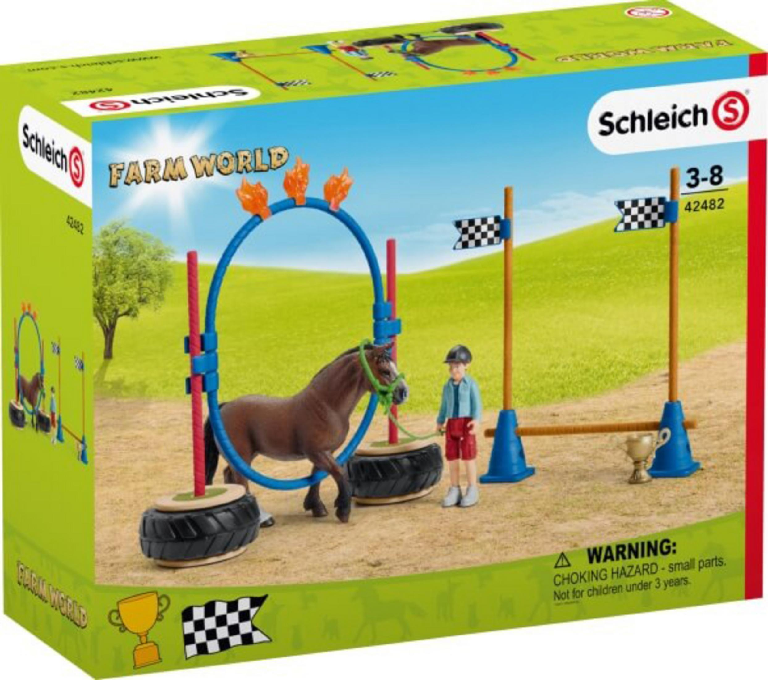 Schleich Farm World Spielzeugset. Pferd, Junge, Sprünge, Fahnen und eine Box.