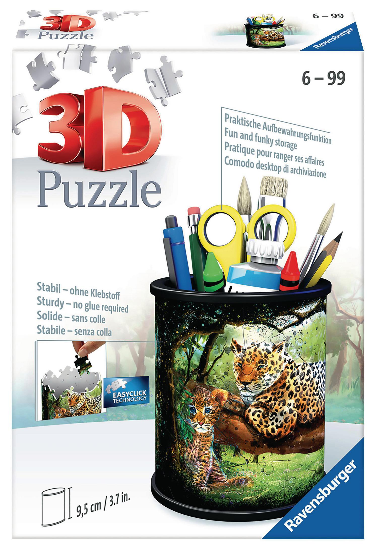 Pudełko z puzzlami 3D przedstawia pojemnik na ołówki z lampartem i jego młodym. Zawiera ołówki i pędzle. Ravensburger.