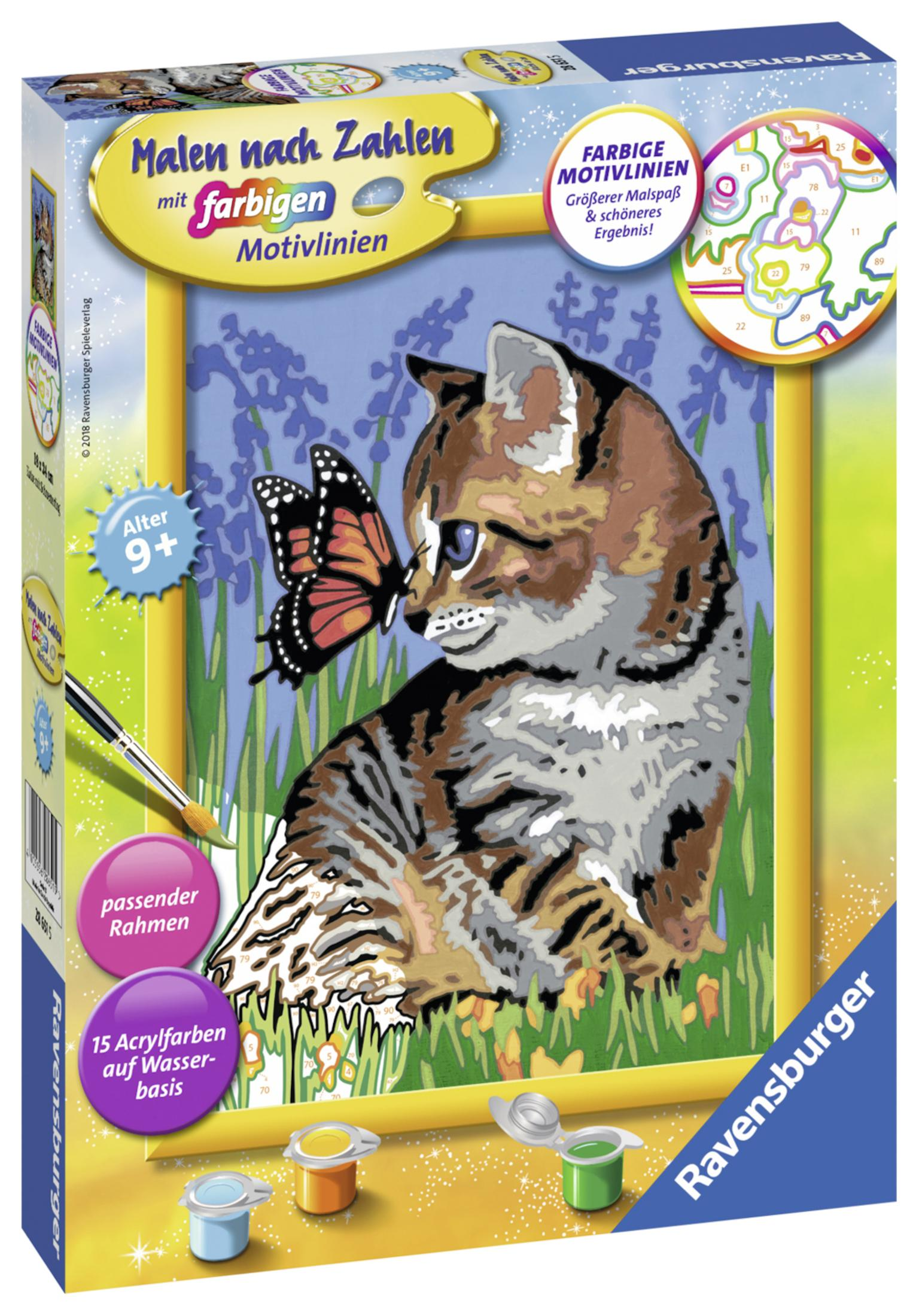 Malen nach Zahlen-Set mit Katze und Schmetterling auf der Box. Enthält Farbtöpfe und einen Pinsel.