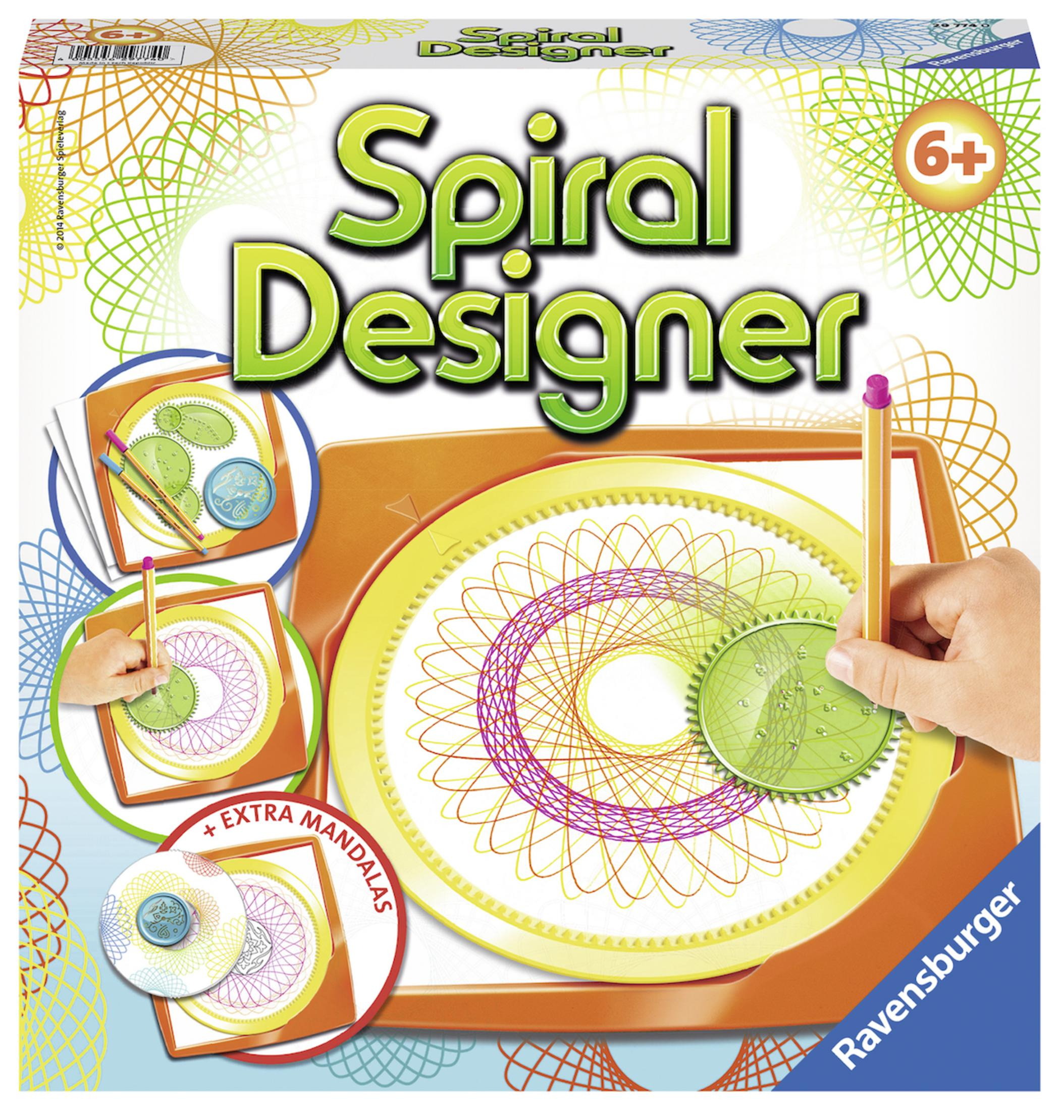Nahaufnahme eines Spiral-Design-Spiels. Die Box trägt den Namen „Spiral Designer“ und Zeichnungen.