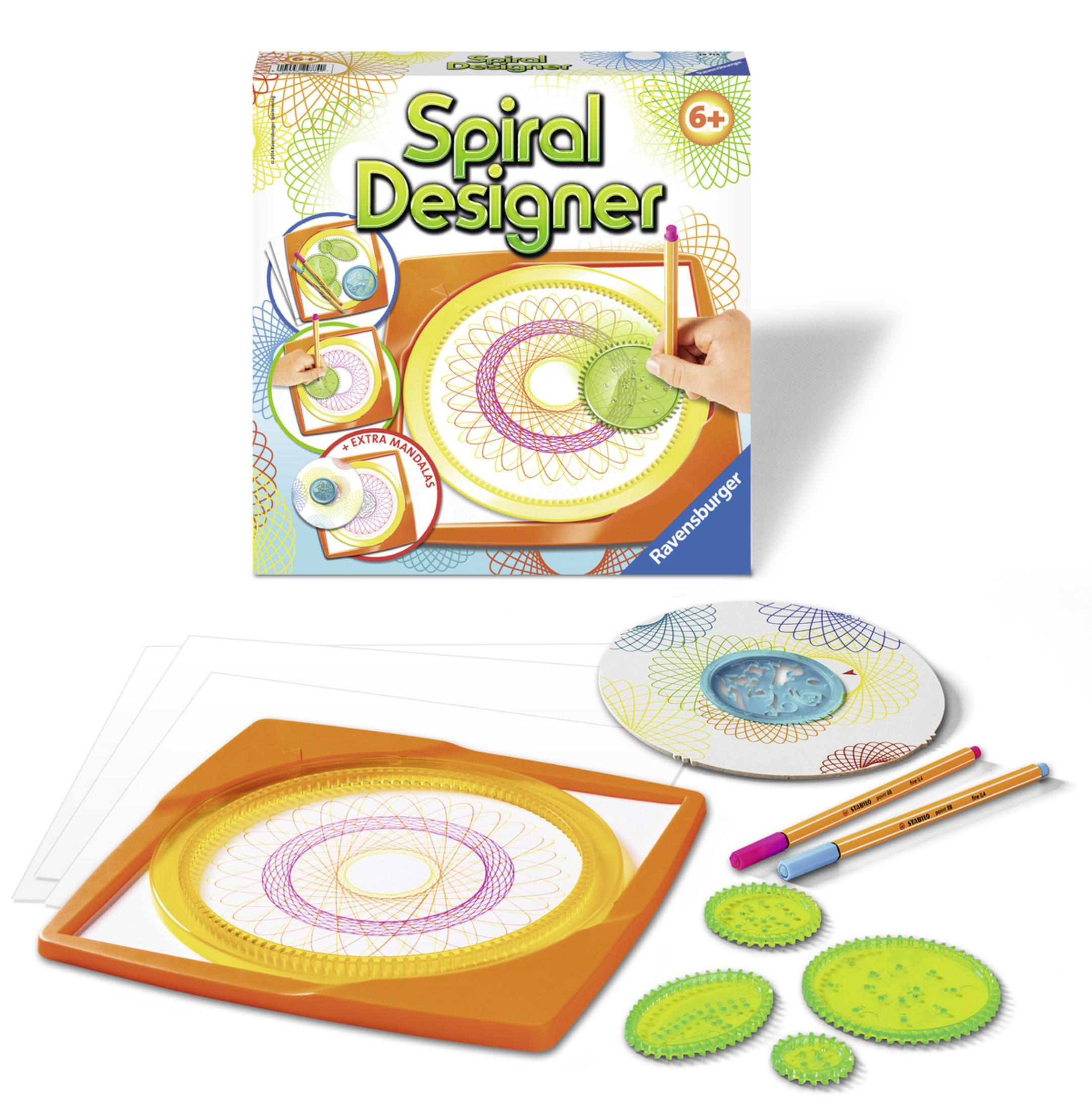 Ein Spiralkit und die fertige Zeichnung. Verschiedene Werkzeuge und eine Box sind sichtbar.