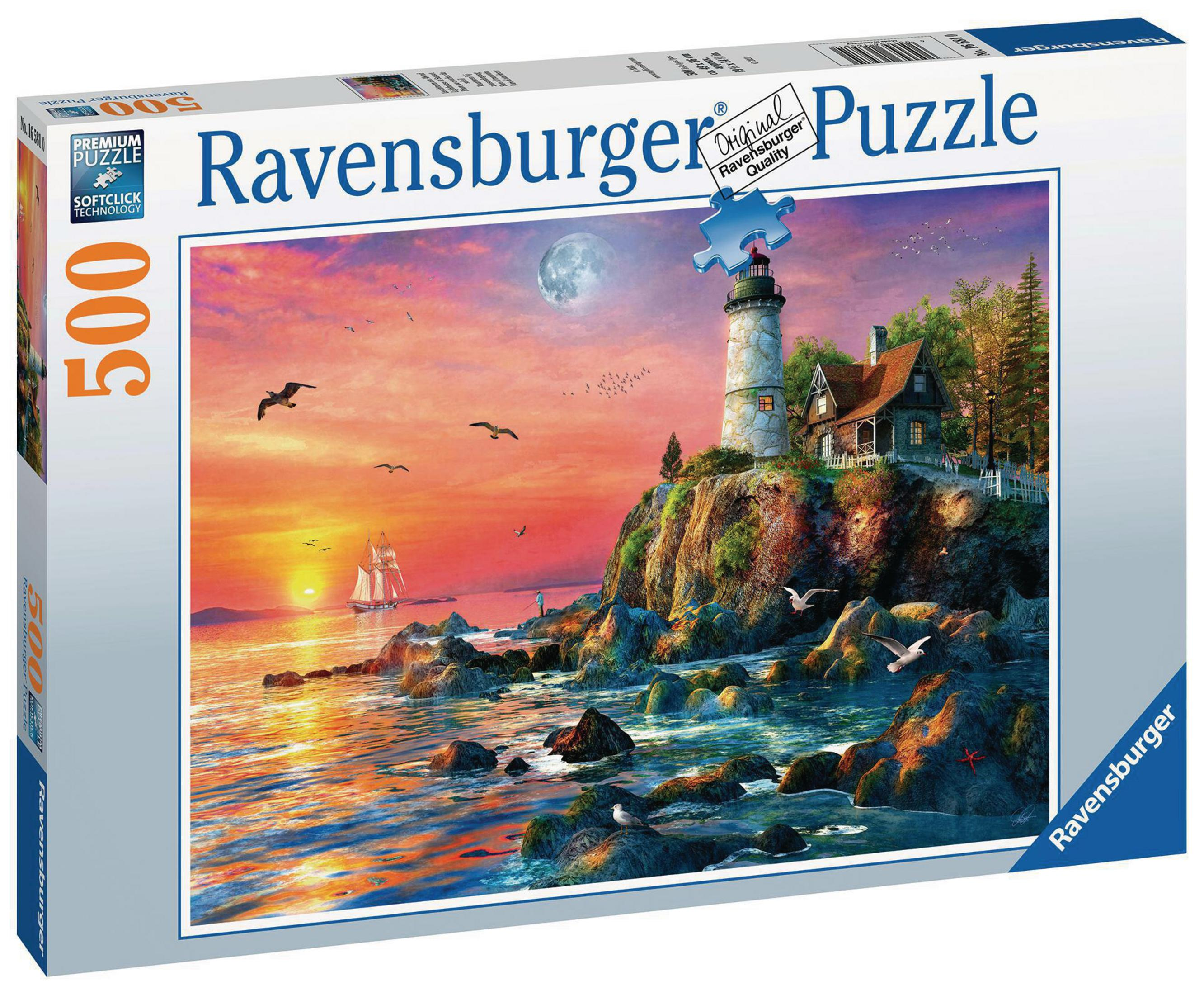 Puzzle-Box mit einem Leuchtturm auf einer Klippe bei Sonnenuntergang.