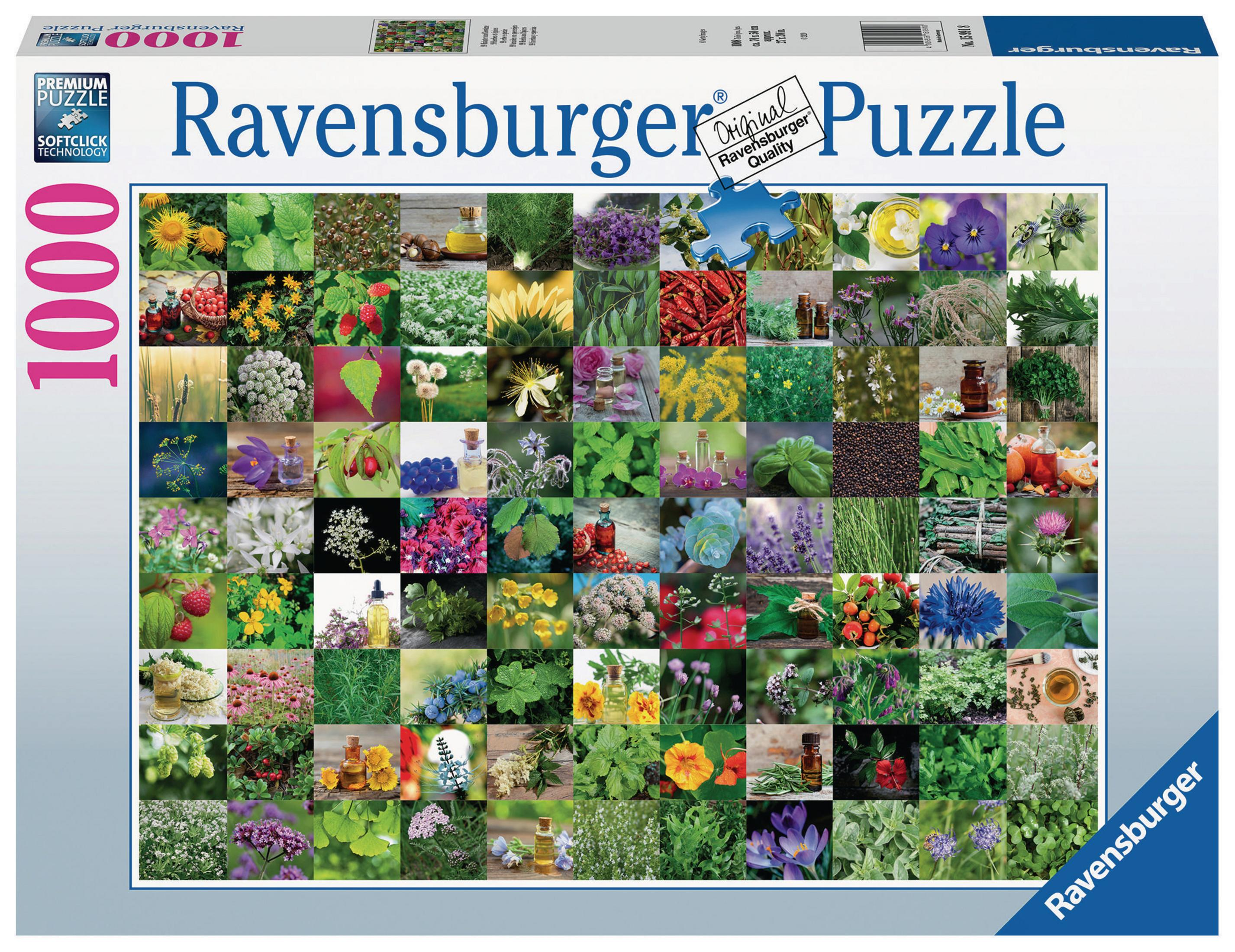 Puzzle Ravensburger 1000 elementów z kolażem roślin i ziół.