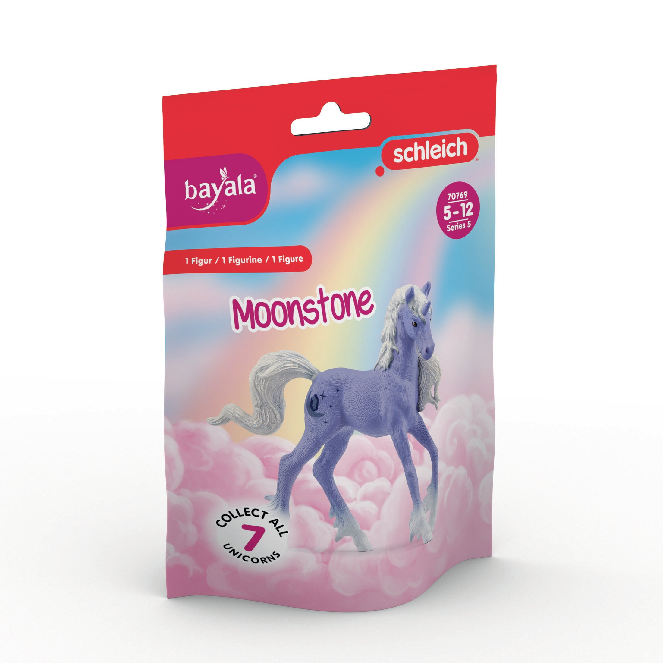 Pakiet figurek Schleich dla jednorożca Moonstone, z jednorożcem i tęczowym tłem.