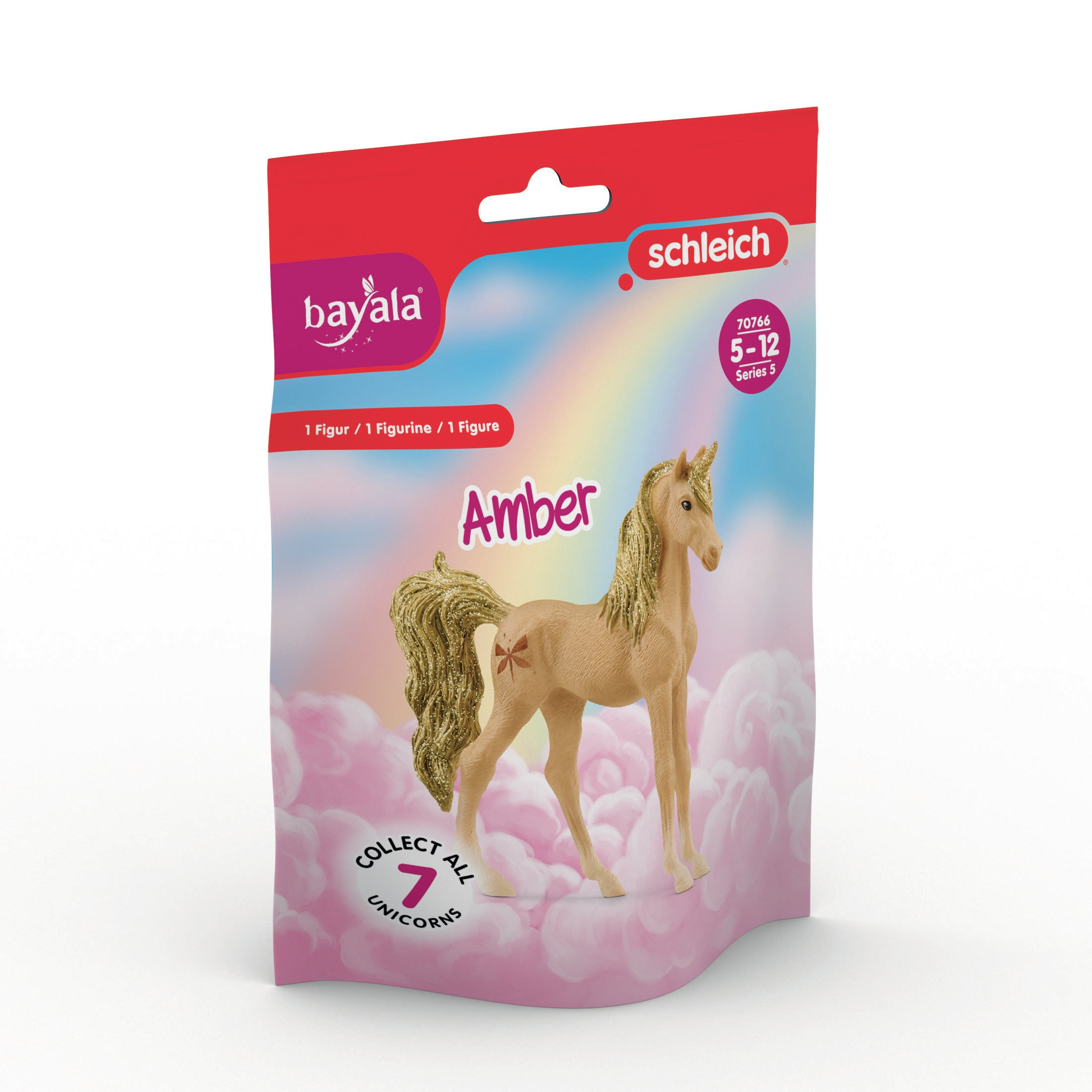 Zabawkowy jednorożec w różowo-białym opakowaniu z tęczowym tłem.