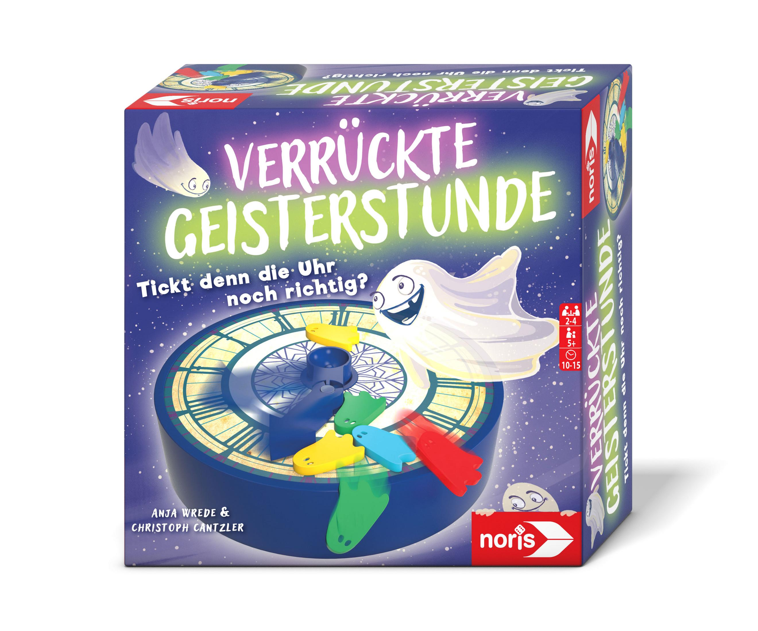 Eine Brettspielbox mit Geisterillustration, Geistern und einer Uhr auf weißer Oberfläche.